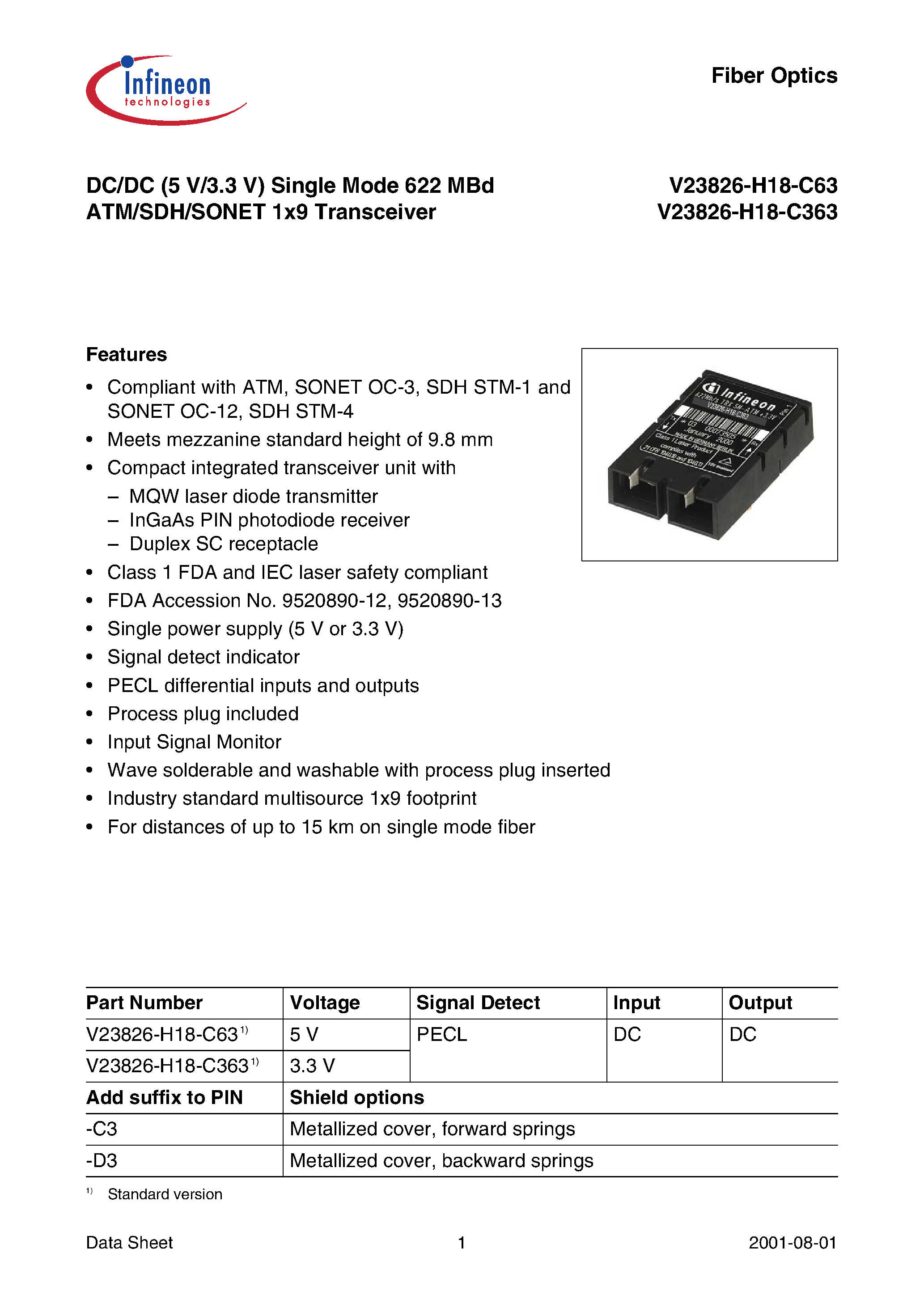 Даташит V23826-H18-C63 - DC/DC (5 V/3.3 V) Single Mode 622 MBd ATM/SDH/SONET 1x9 Transceiver страница 1