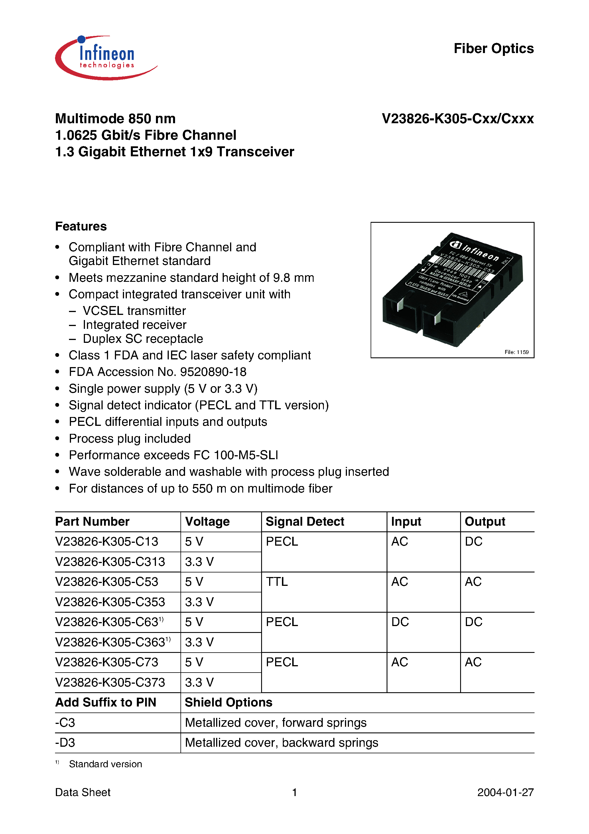 Datasheet V23826-K305-C53 page 1 Datasheet V23826-K305-C53 - Multimode 850 nm 1.0625 Gbit/s Fibre Channel 1.3 Gigabit Ethernet 1x9 Transceiver page 1