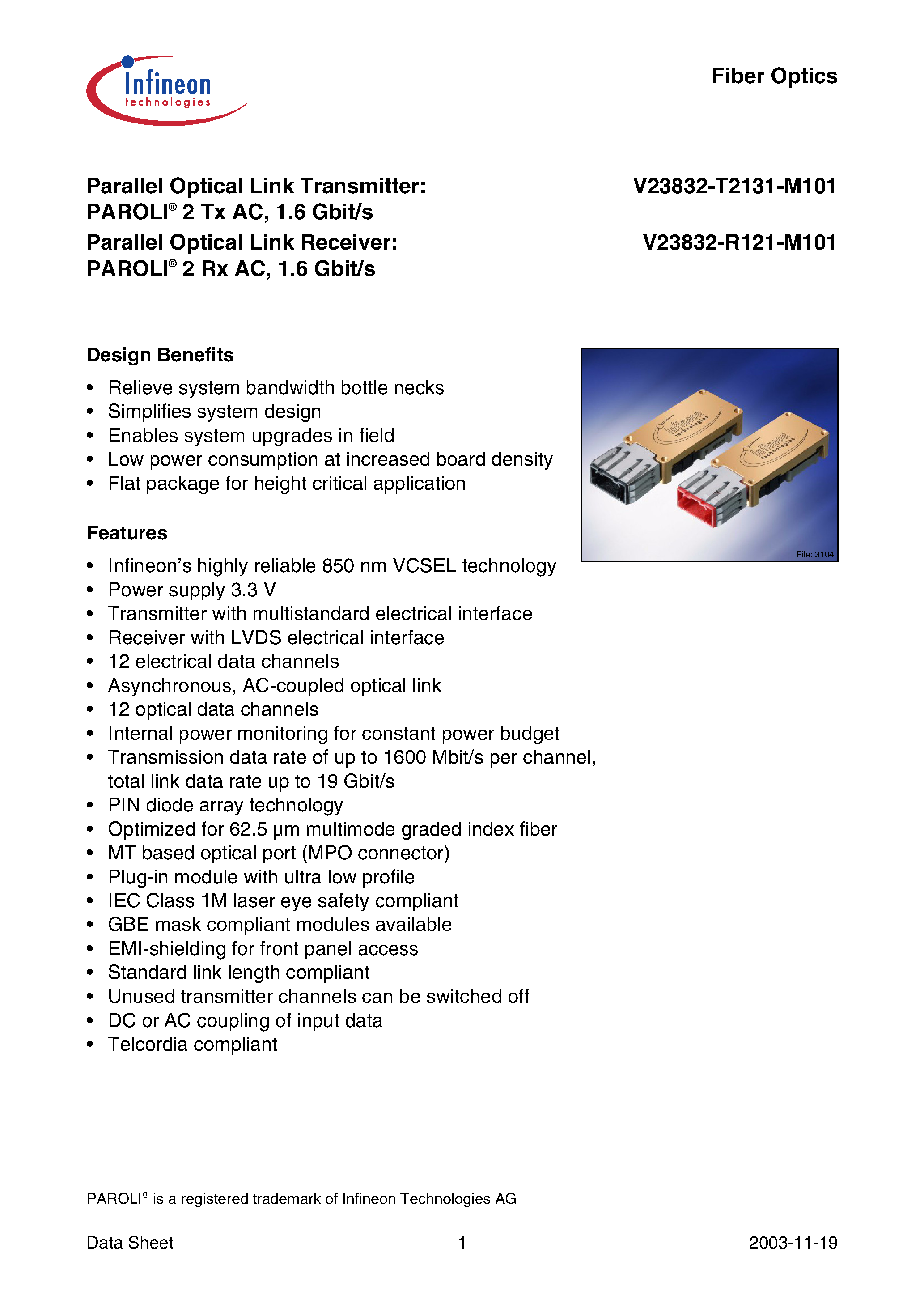 Datasheet V23832-R121-M101 page 1 Datasheet V23832-R121-M101 - PAROLI 2 Tx AC/ 1.25 Gbit/s page 1