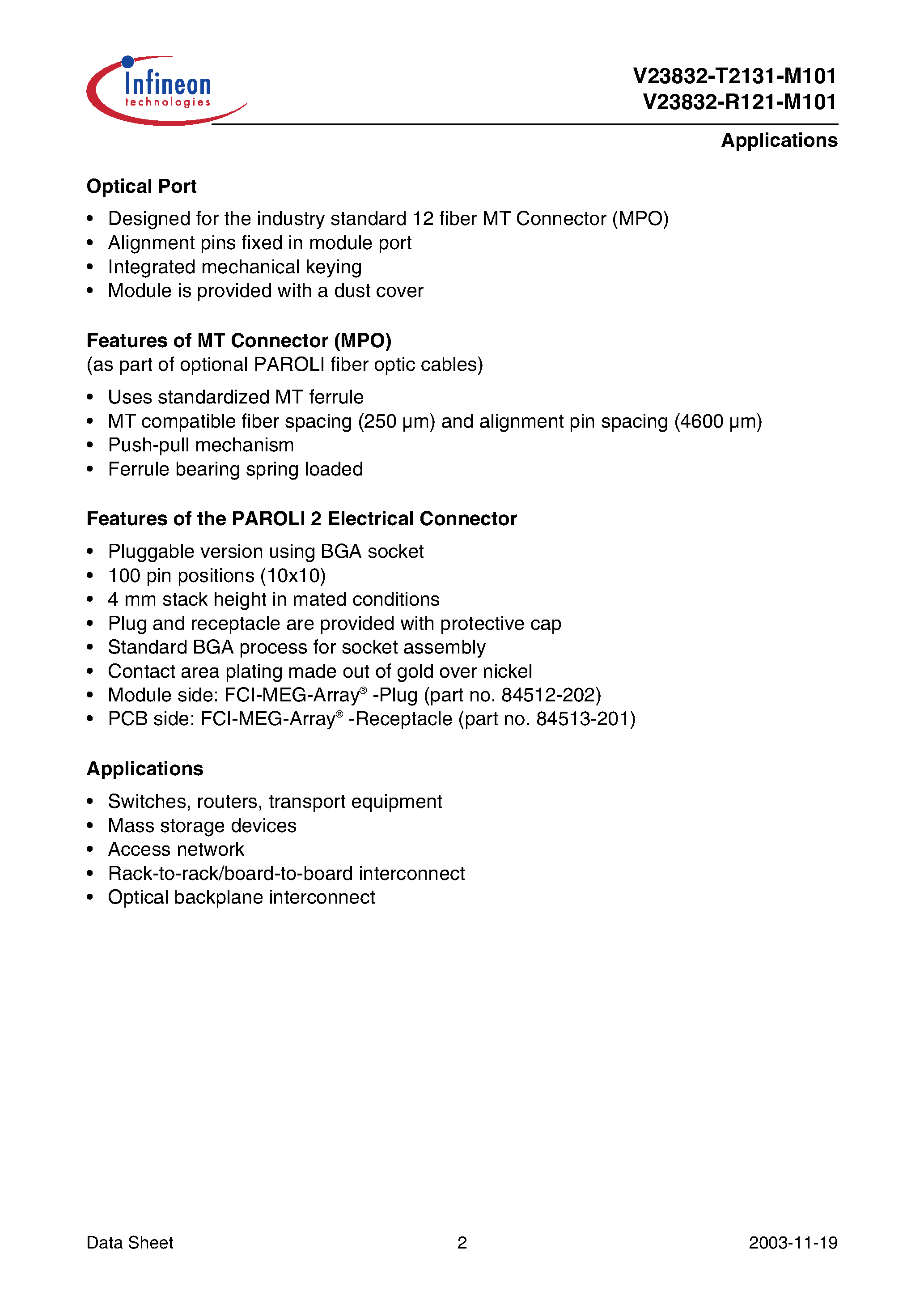 Datasheet V23832-R521-M101 page 2 Datasheet V23832-R521-M101 - PAROLI 2 Tx AC/ 1.25 Gbit/s page 2