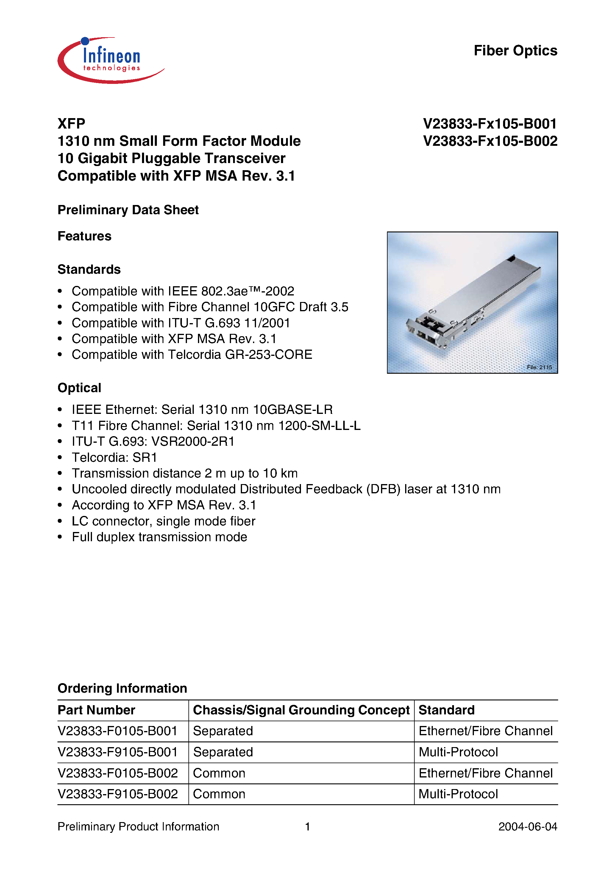 Даташит на микросхему V23833-F0105-B002 страница 1 Даташит V23833-F0105-B002 - XFP1310 nm Small Form Factor Module 10 Gigabit Pluggable Transceiver Compatible with XFP MSA Rev. 3.1 страница 1
