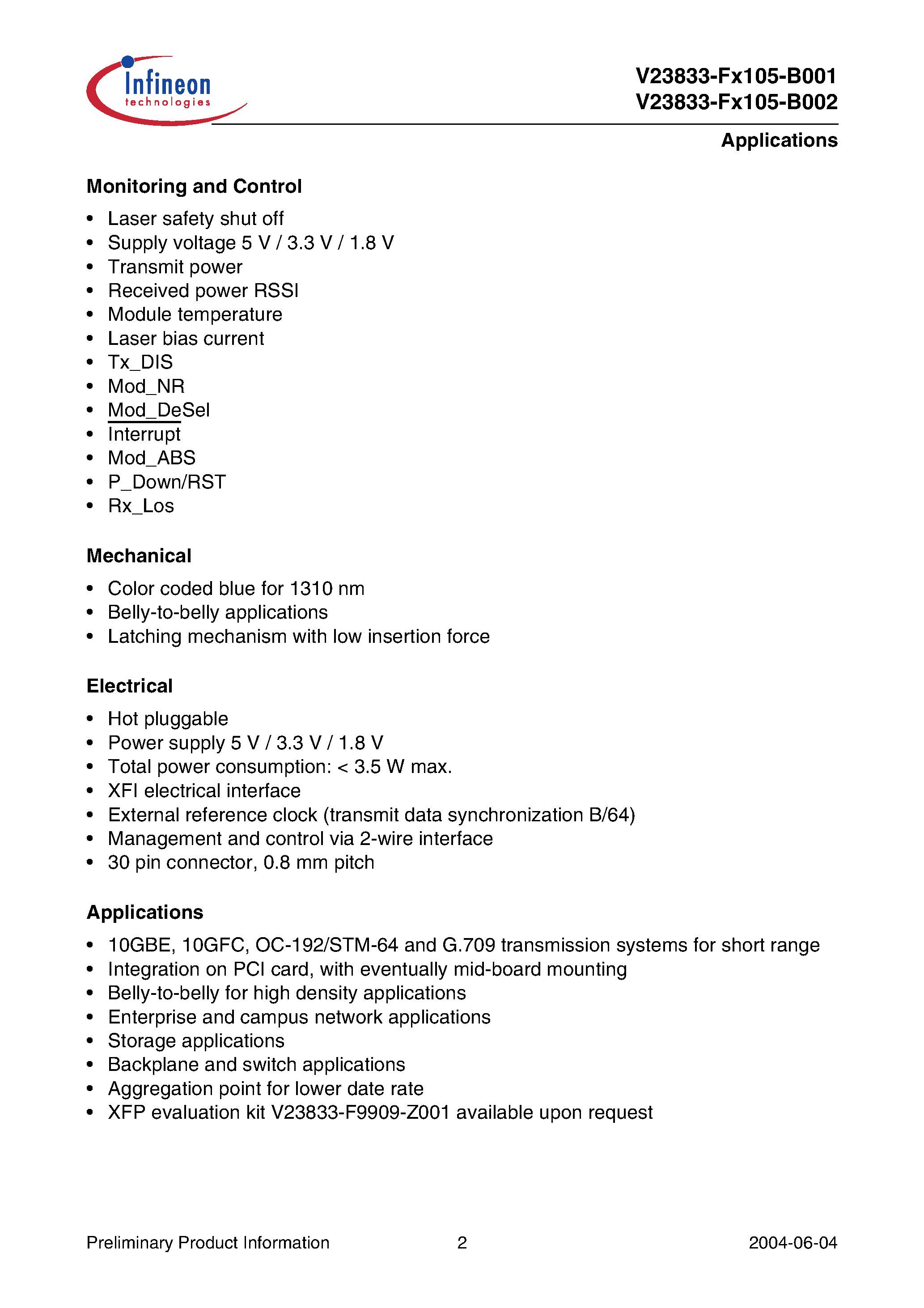 Даташит V23833-FX105-B001 - XFP1310 nm Small Form Factor Module 10 Gigabit Pluggable Transceiver Compatible with XFP MSA Rev. 3.1 страница 2