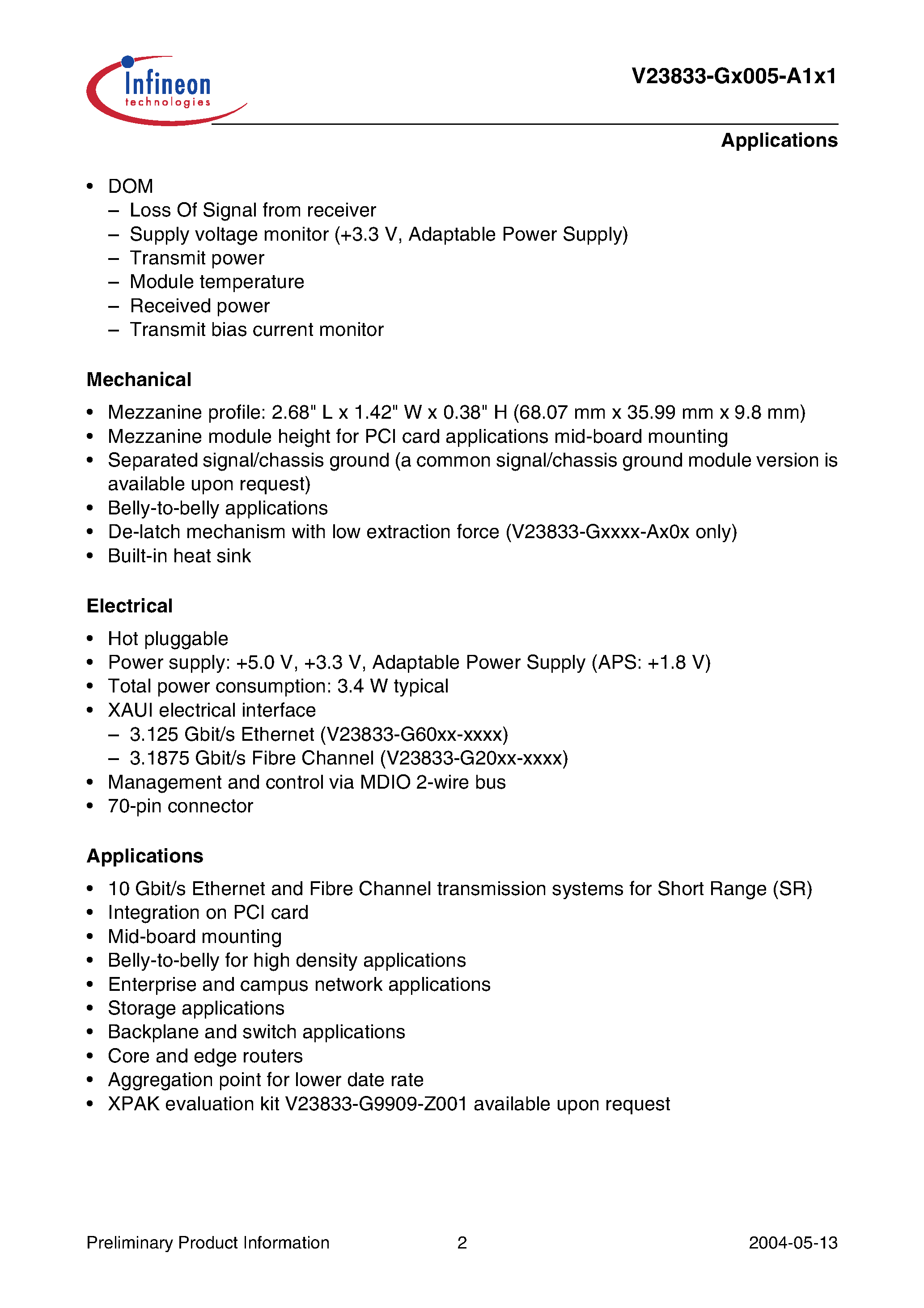 Datasheet V23833-G2005-A101 - XPAK 850 nm Module 10 Gigabit Pluggable Transceiver Compatible with XPAK MSA Rev. 2.3 page 2