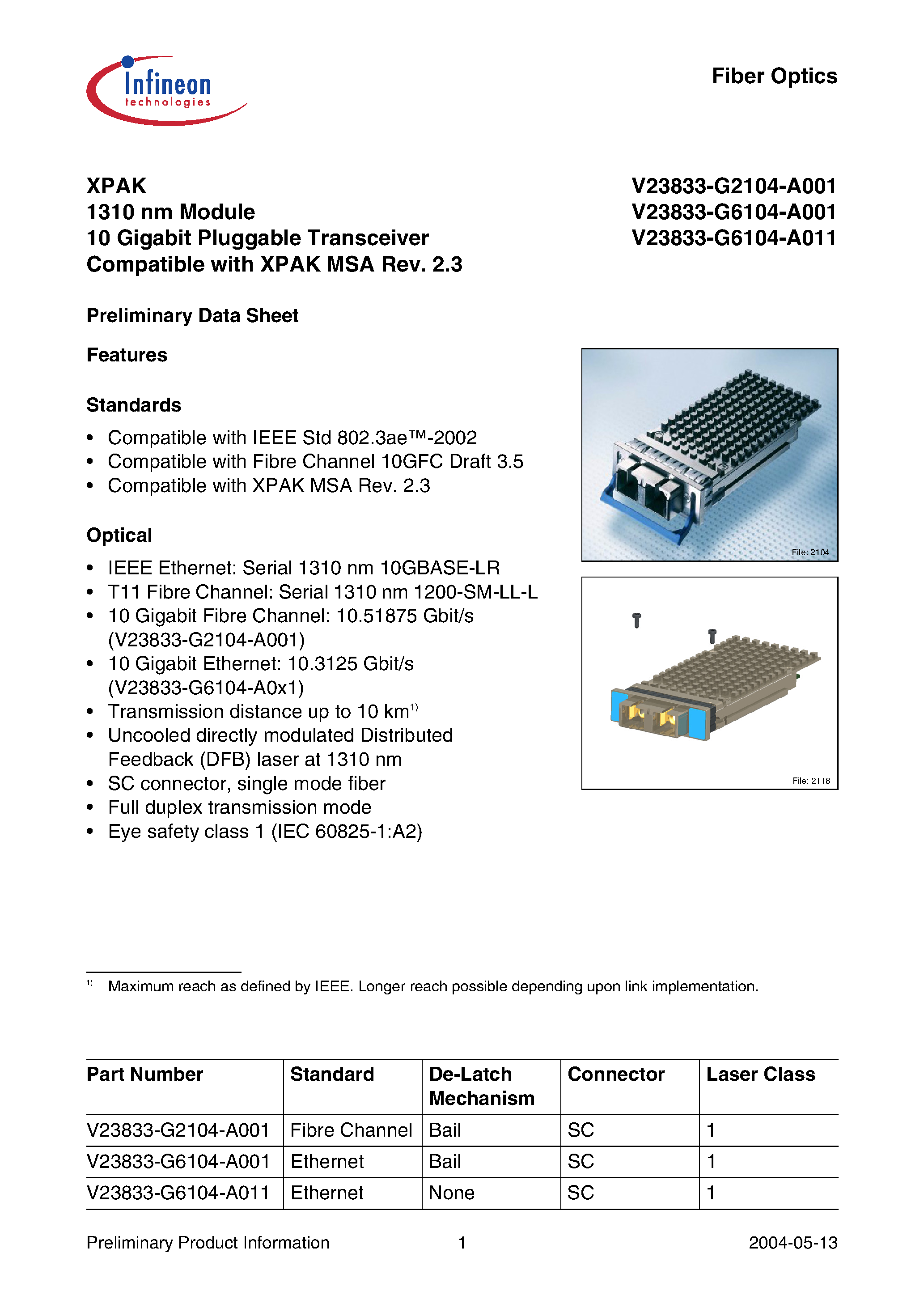 Datasheet V23833-G2104-A001 page 1 Datasheet V23833-G2104-A001 - XPAK 1310 nm Module 10 Gigabit Pluggable Transceiver Compatible with XPAK MSA Rev. 2.3 page 1