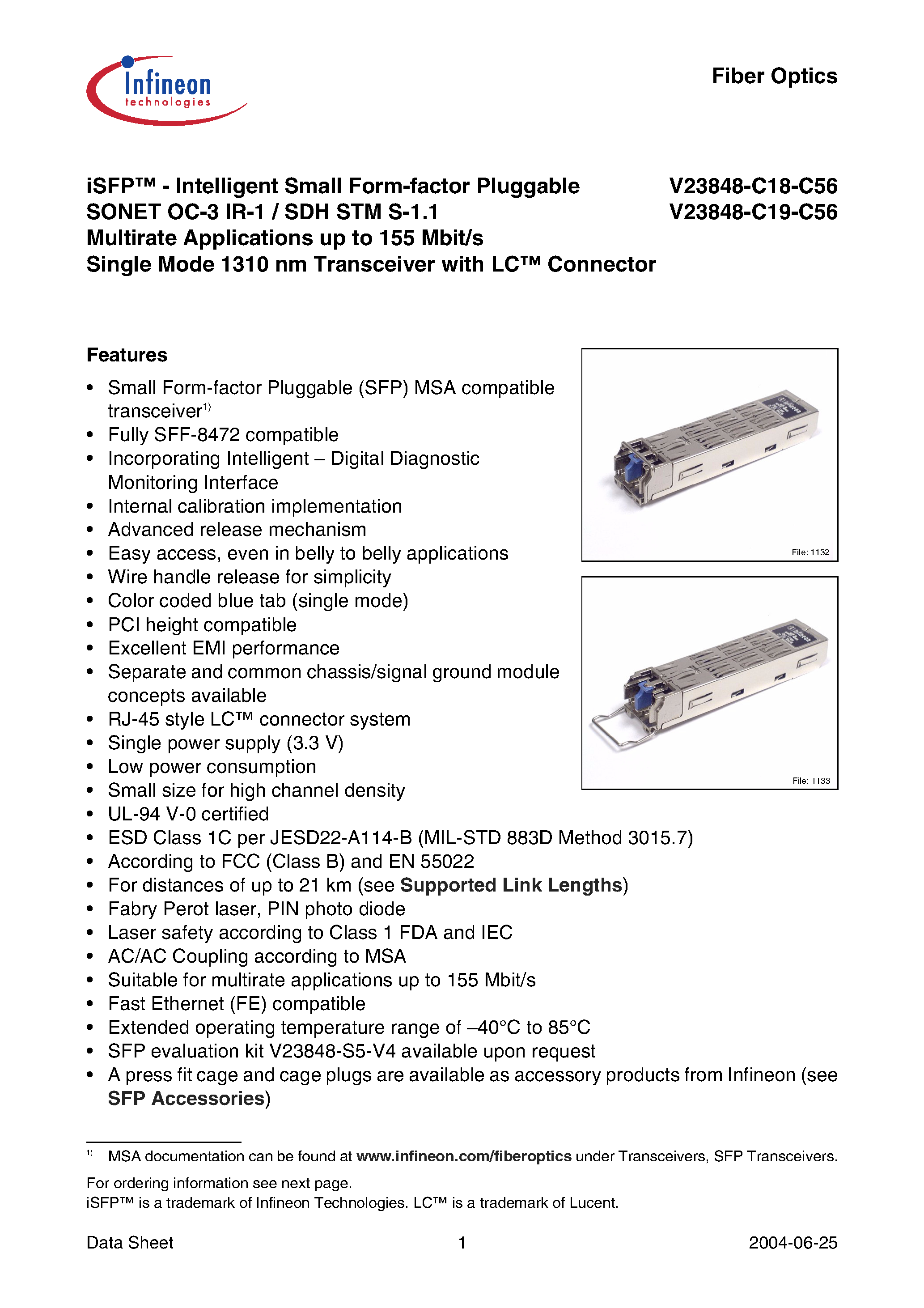 Datasheet V23848-C19-C56 - iSFP-Intelligent Small Form-factor Pluggable SONET OC-3 IR-1 / SDH STM S-1.1 Multirate Applications up to 155 Mbit/s page 1