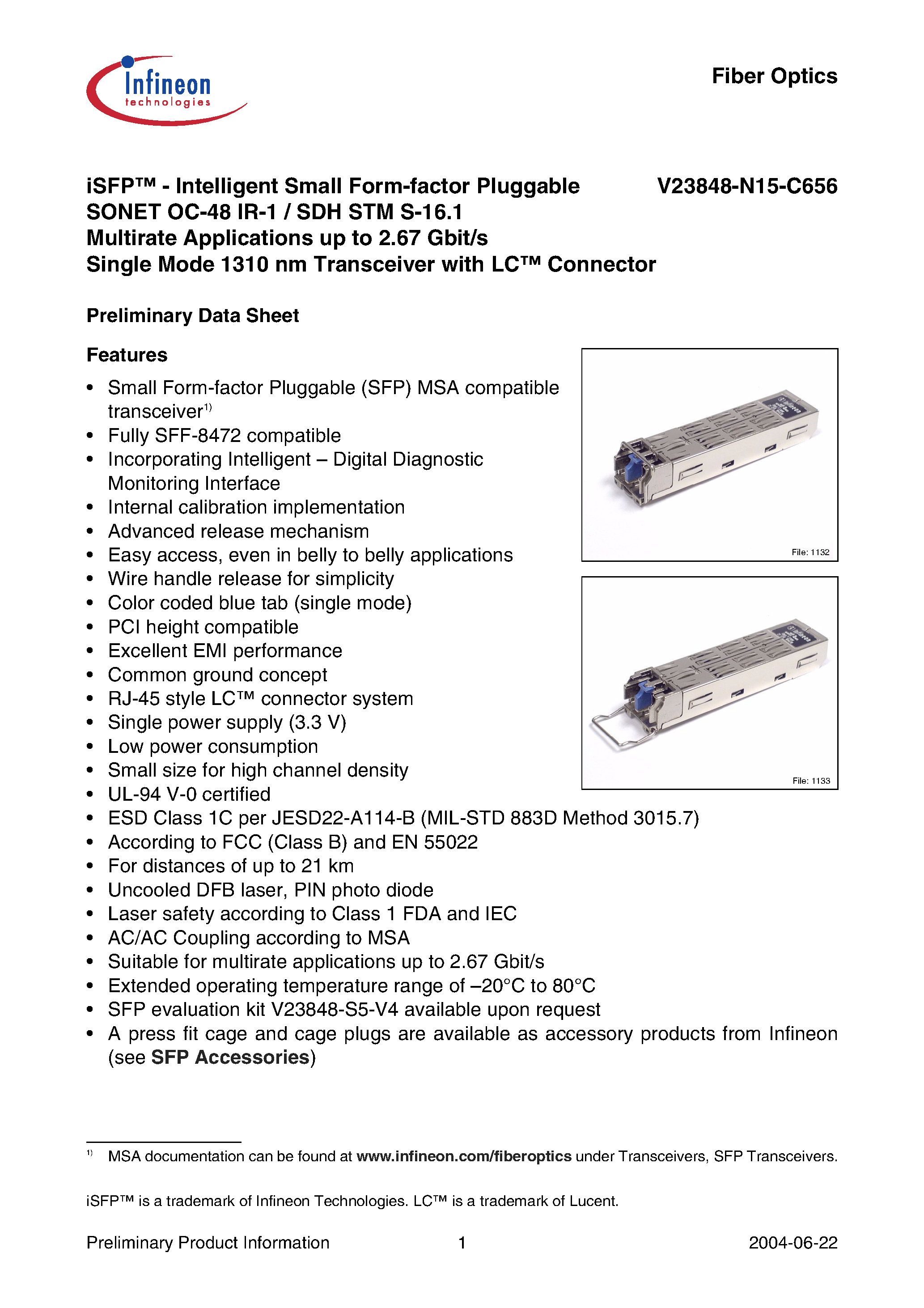 Datasheet V23848-N15-C656 - iSFP - Intelligent Small Form-factor Pluggable SONET OC-48 IR-1 / SDH STM S-16.1 Multirate Applications up to 2.67 Gbit/s page 1