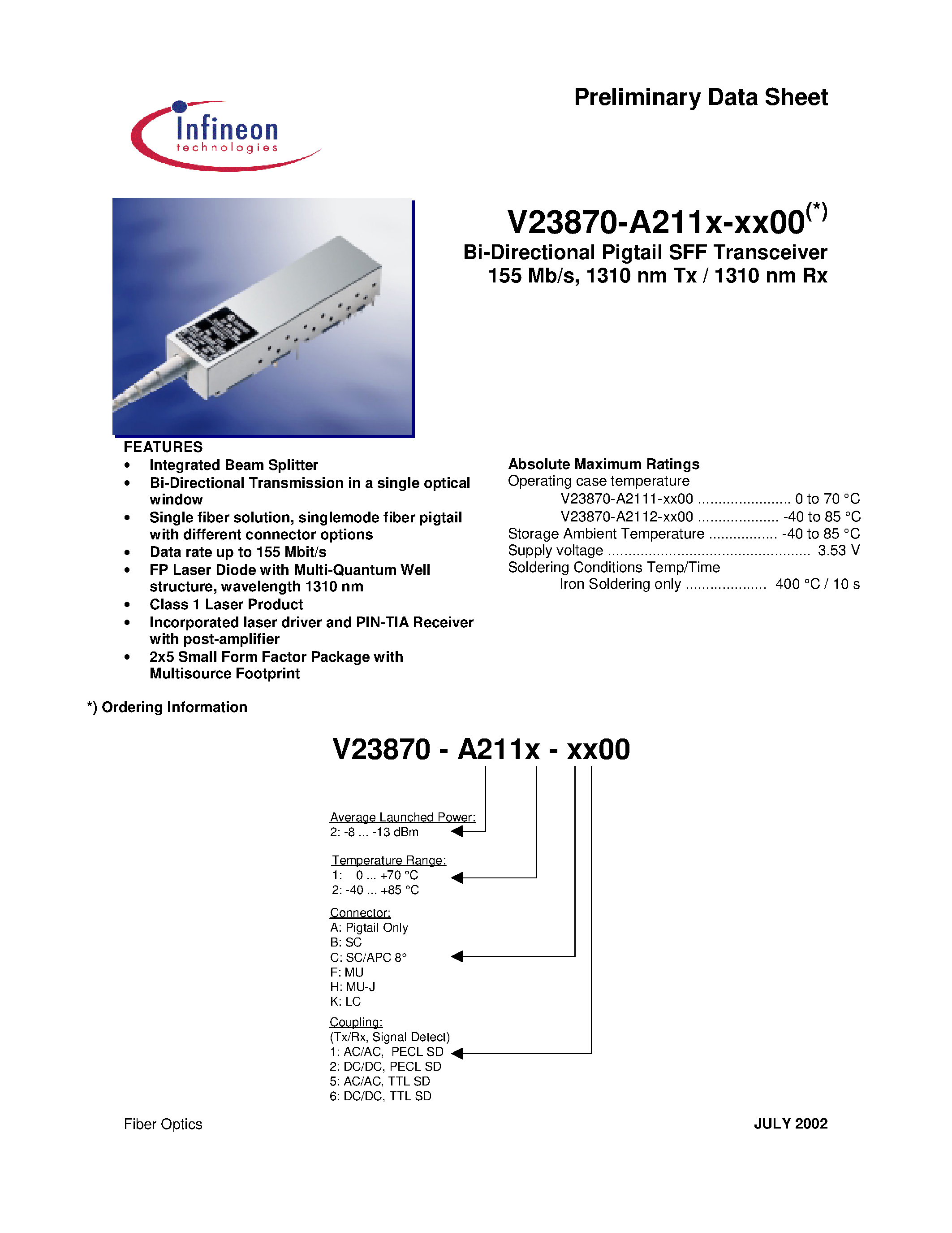 Datasheet V23870-A2111-A100 - Bi-Directional Pigtail SFF Transceiver 155 Mb/s/ 1310 nm Tx / 1310 nm Rx page 1