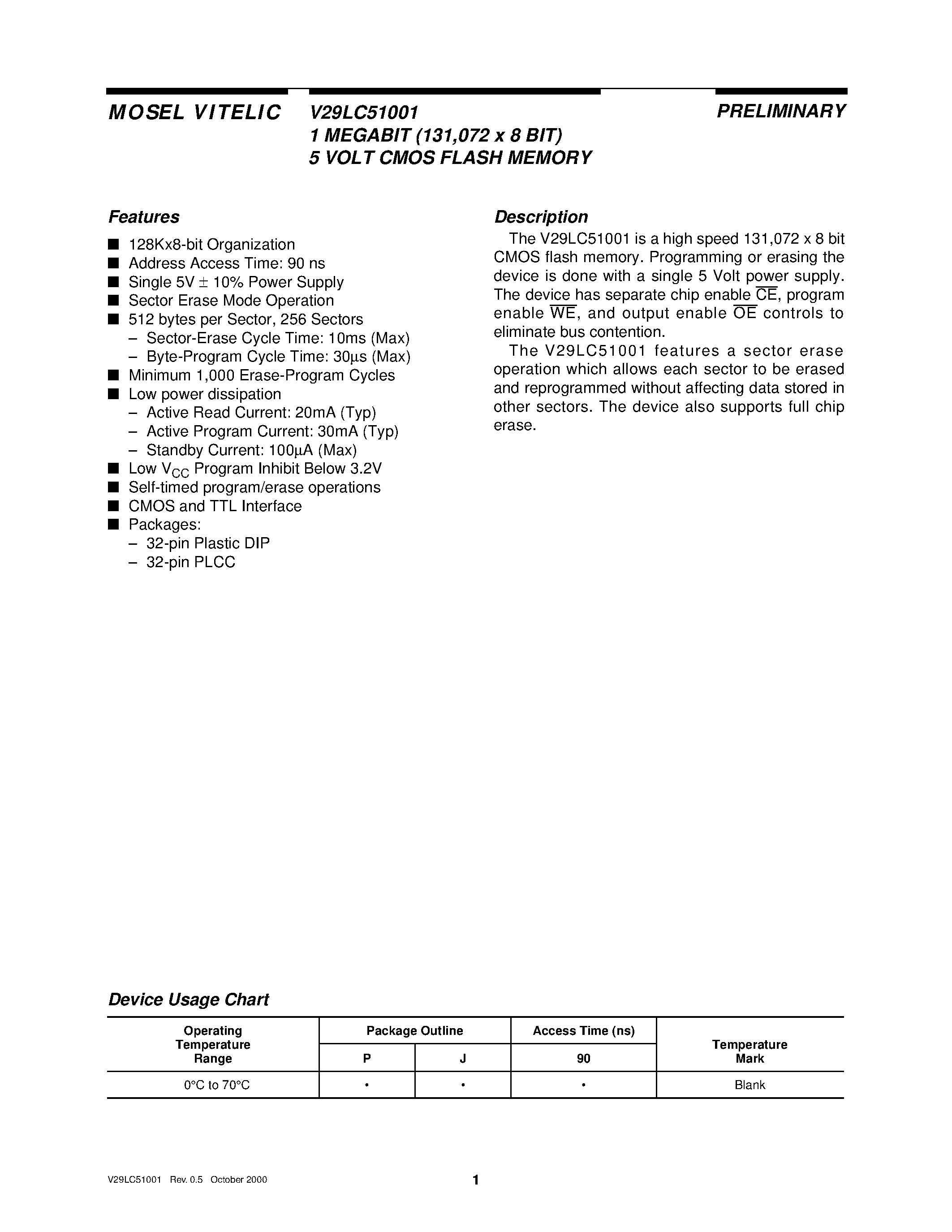 Даташит V29LC51001 - 1 MEGABIT 131/072 x 8 BIT 5 VOLT CMOS FLASH MEMORY страница 1