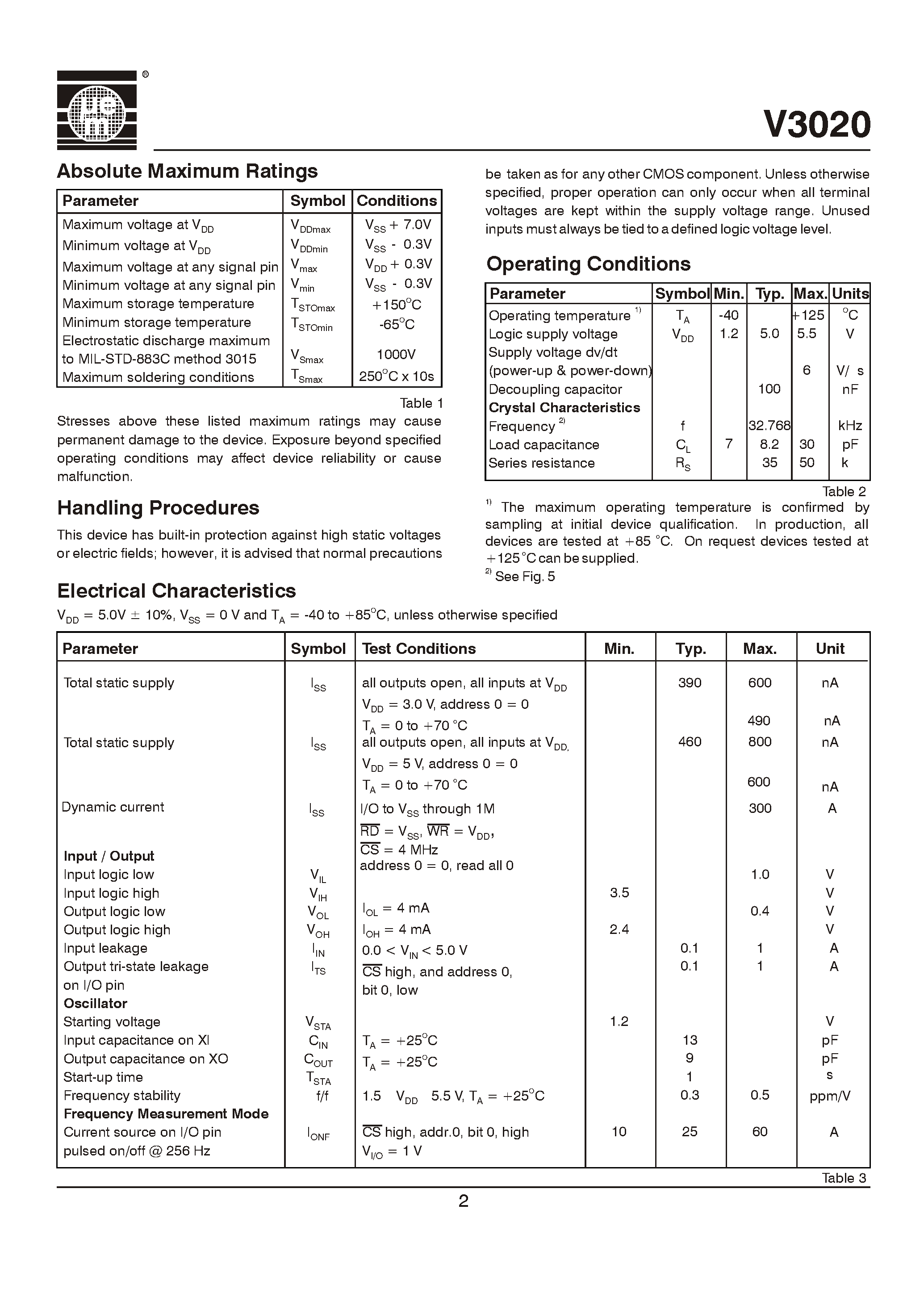 Datasheet V30208S page 2 Datasheet V30208S - Ultra Low Power 1-Bit 32 kHz RTC page 2