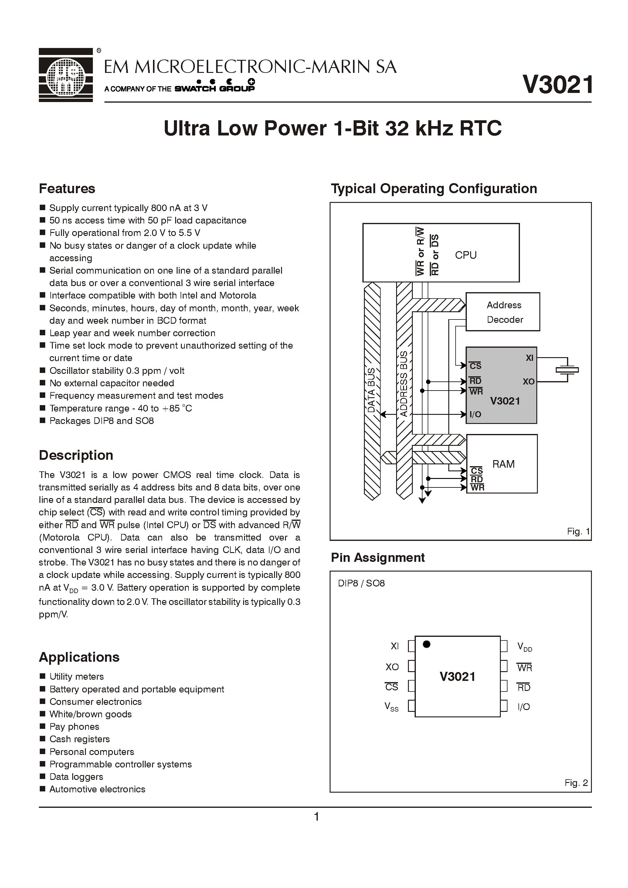 Datasheet V3021 page 1 Datasheet V3021 - Ultra Low Power 1-Bit 32 kHz RTC page 1