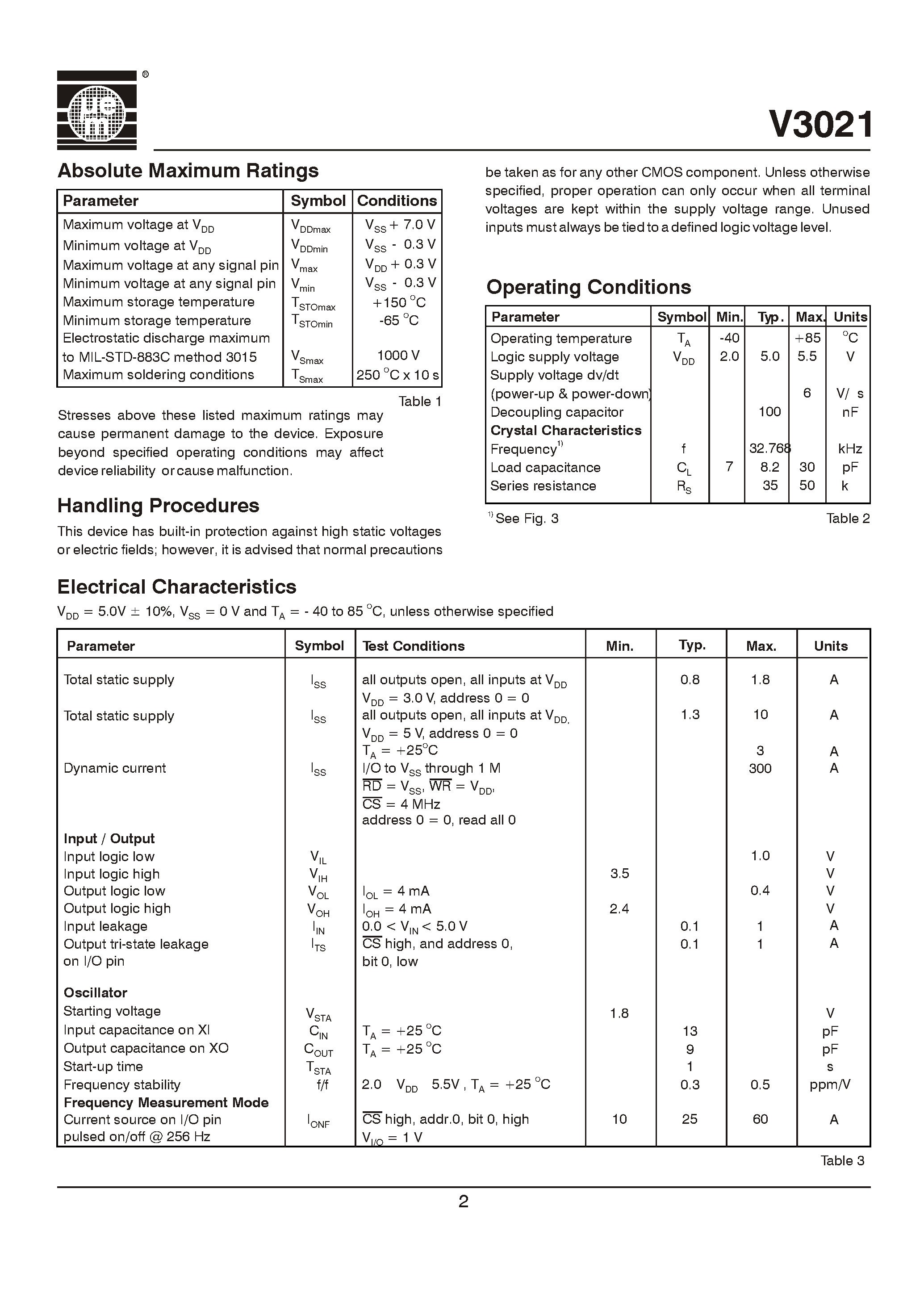 Datasheet V30218S - Ultra Low Power 1-Bit 32 kHz RTC page 2