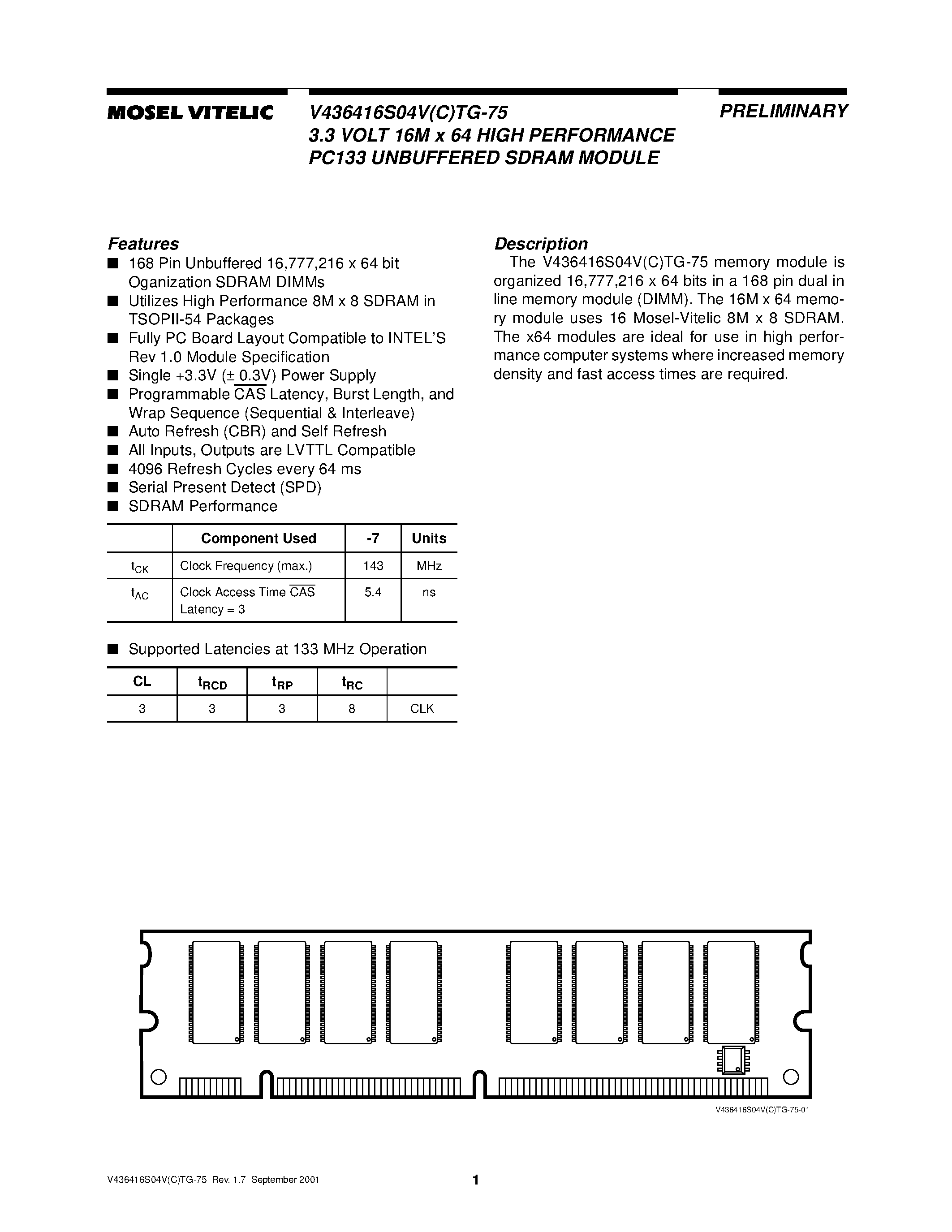 Даташит V436416S04VCTG-75 - 3.3 VOLT 16M x 64 HIGH PERFORMANCE PC133 UNBUFFERED SDRAM MODULE страница 1
