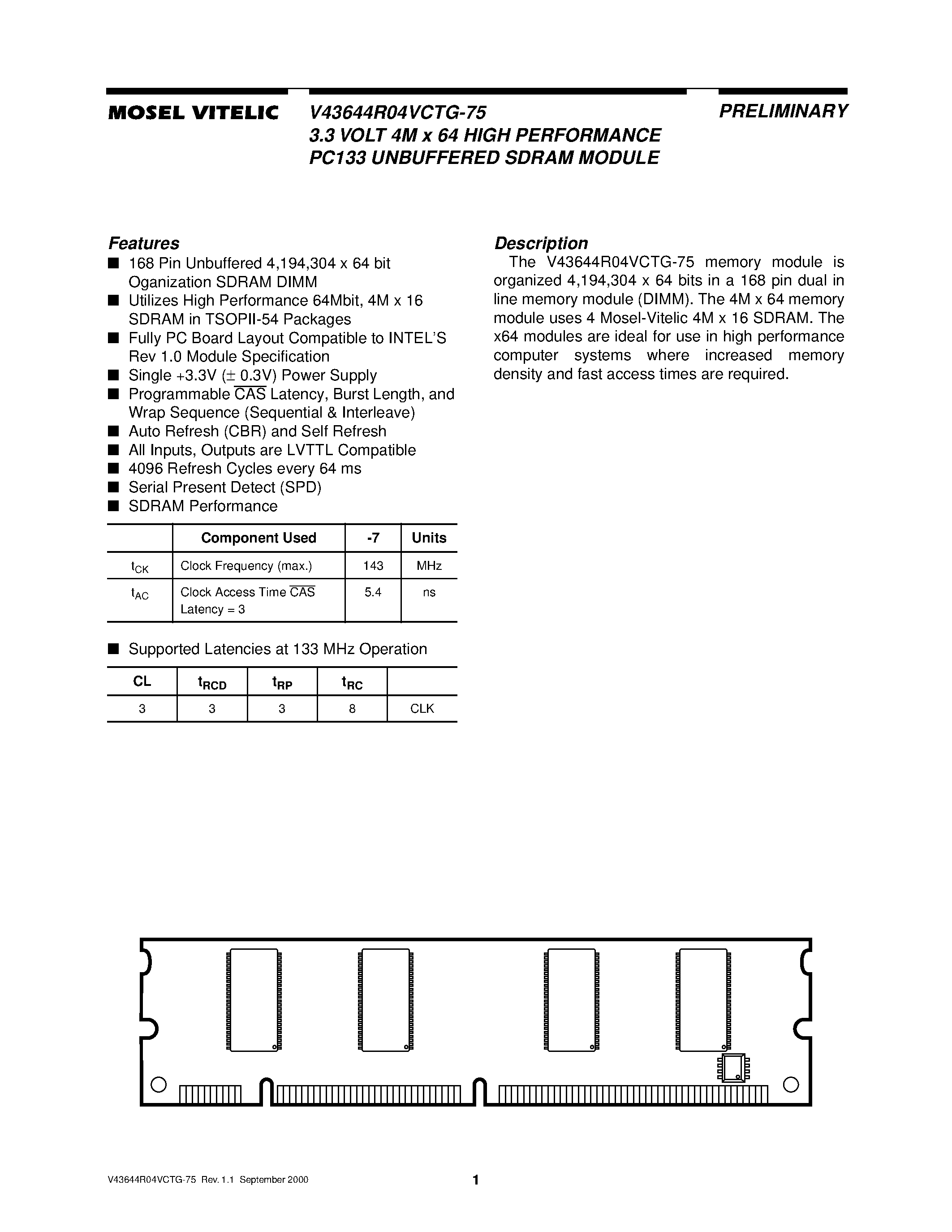 Даташит на микросхему V43644R04VCTG-75 страница 1 Даташит V43644R04VCTG-75 - 3.3 VOLT 4M x 64 HIGH PERFORMANCE PC133 UNBUFFERED SDRAM MODULE страница 1