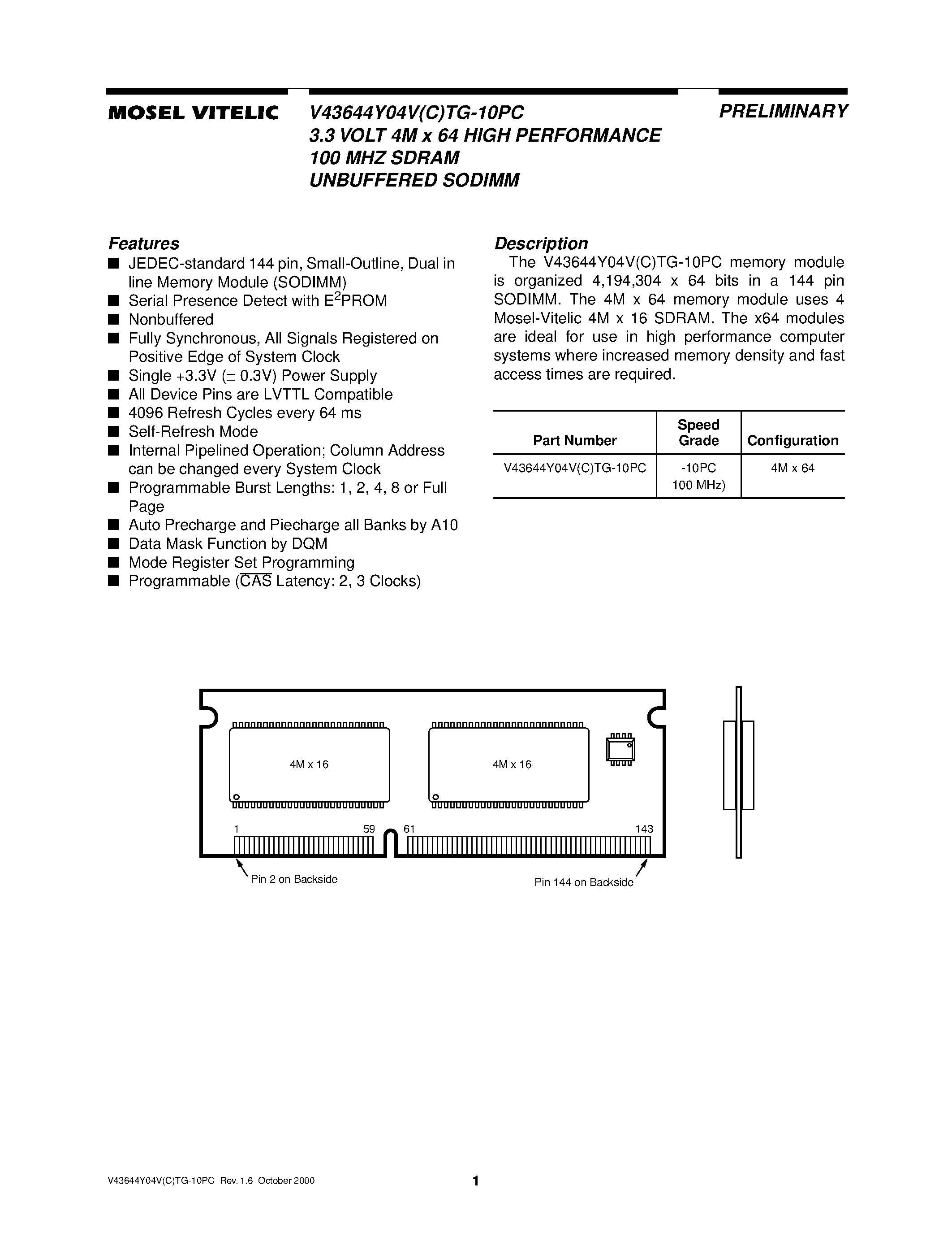 Даташит V43644Y04VCTG-10PC - 3.3 VOLT 4M x 64 HIGH PERFORMANCE 100 MHZ SDRAM UNBUFFERED SODIMM страница 1