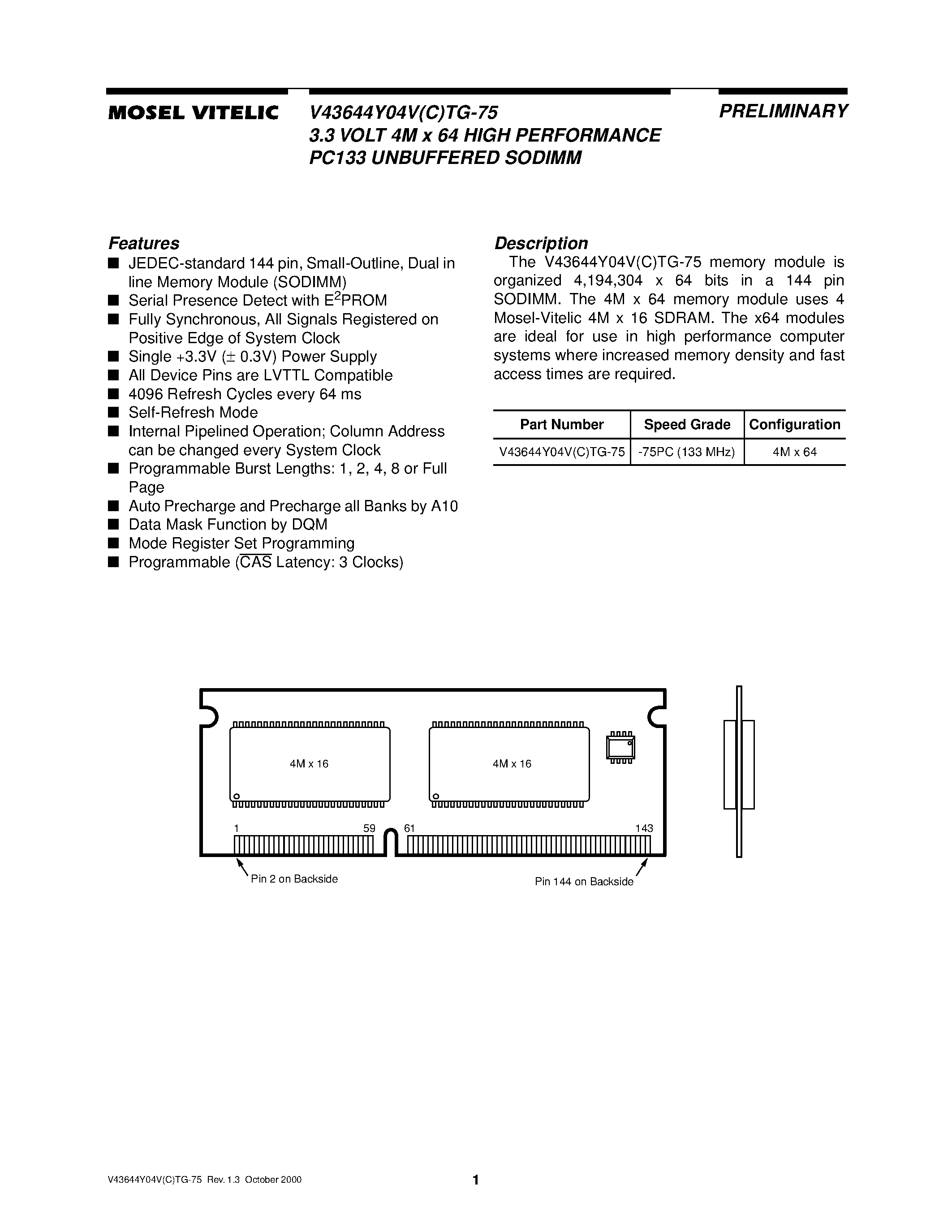 Datasheet V43644Y04VCTG-75 page 1 Datasheet V43644Y04VCTG-75 - 3.3 VOLT 4M x 64 HIGH PERFORMANCE PC133 UNBUFFERED SODIMM page 1