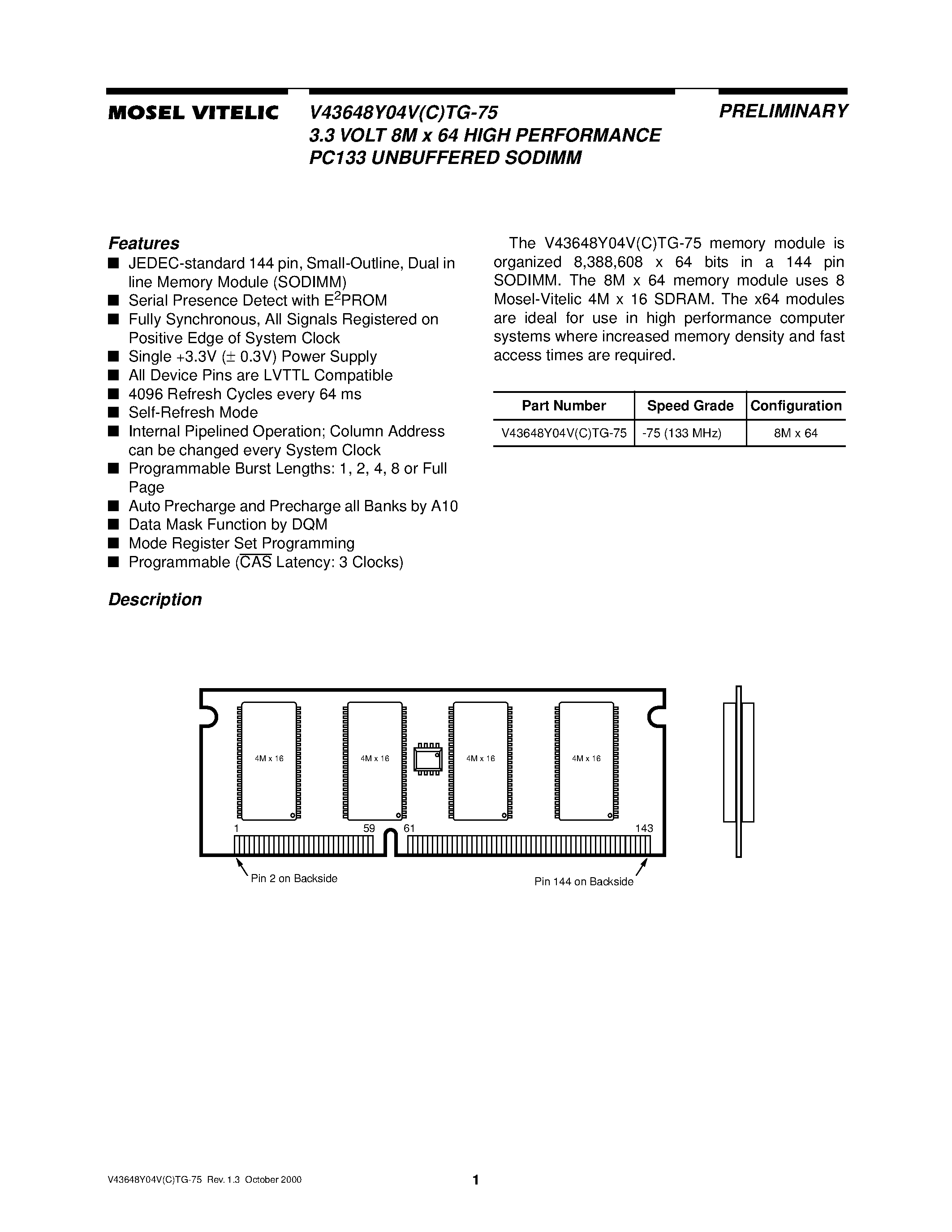 Даташит V43648Y04VCTG-75 - 3.3 VOLT 8M x 64 HIGH PERFORMANCE PC133 UNBUFFERED SODIMM страница 1