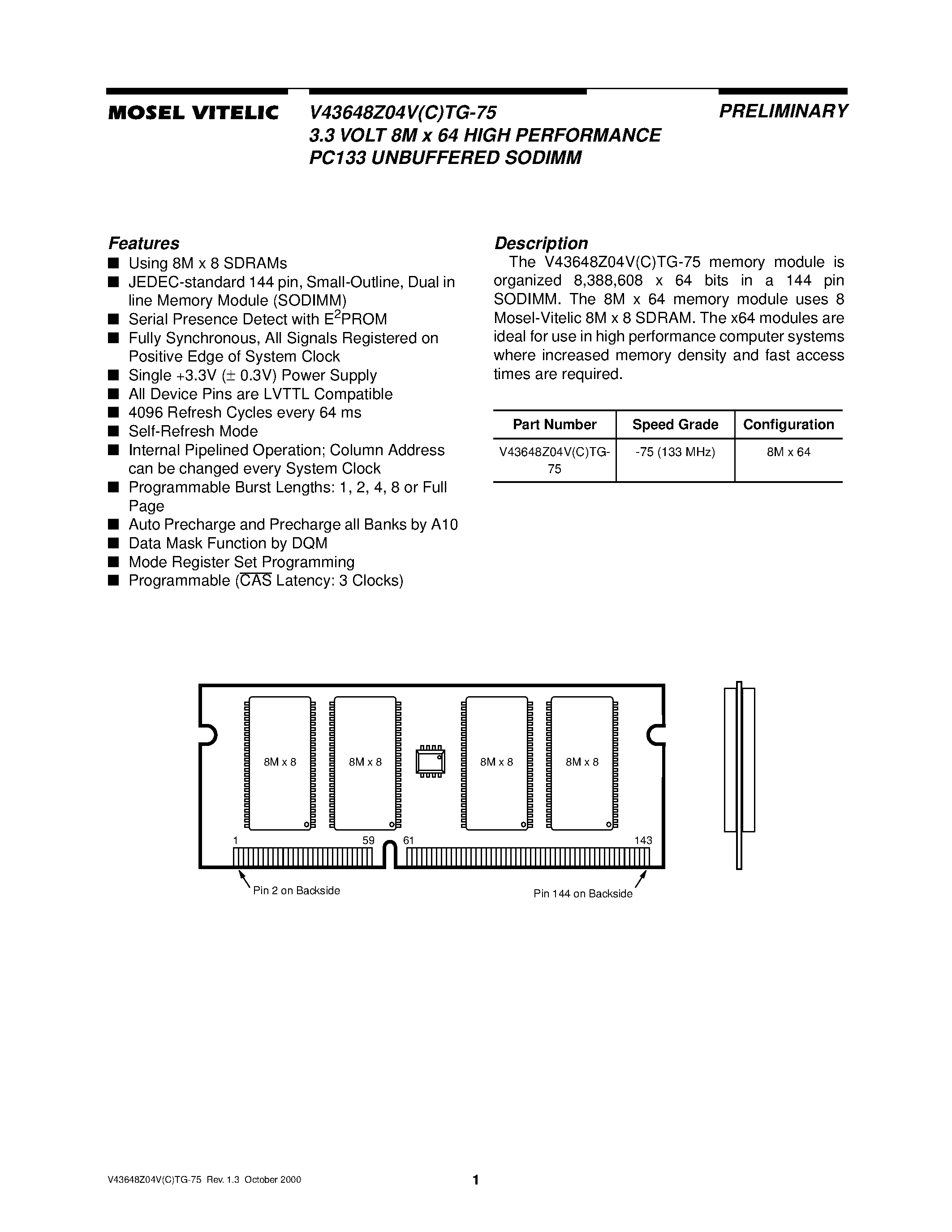 Даташит V43648Z04VCTG-75 - 3.3 VOLT 8M x 64 HIGH PERFORMANCE PC133 UNBUFFERED SODIMM страница 1