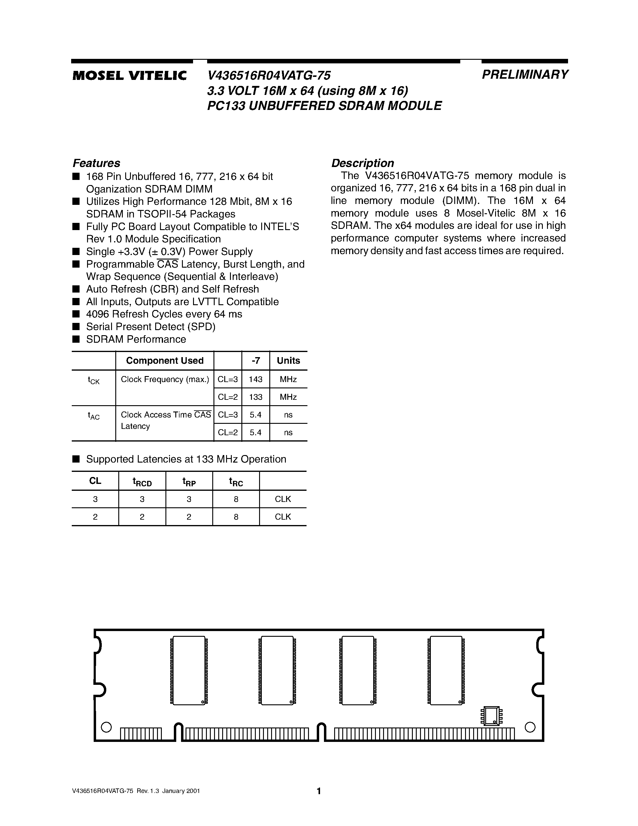 Datasheet V436516R04VATG-75 - 3.3 VOLT 16M x 64 using 8M x 16 PC133 UNBUFFERED SDRAM MODULE page 1