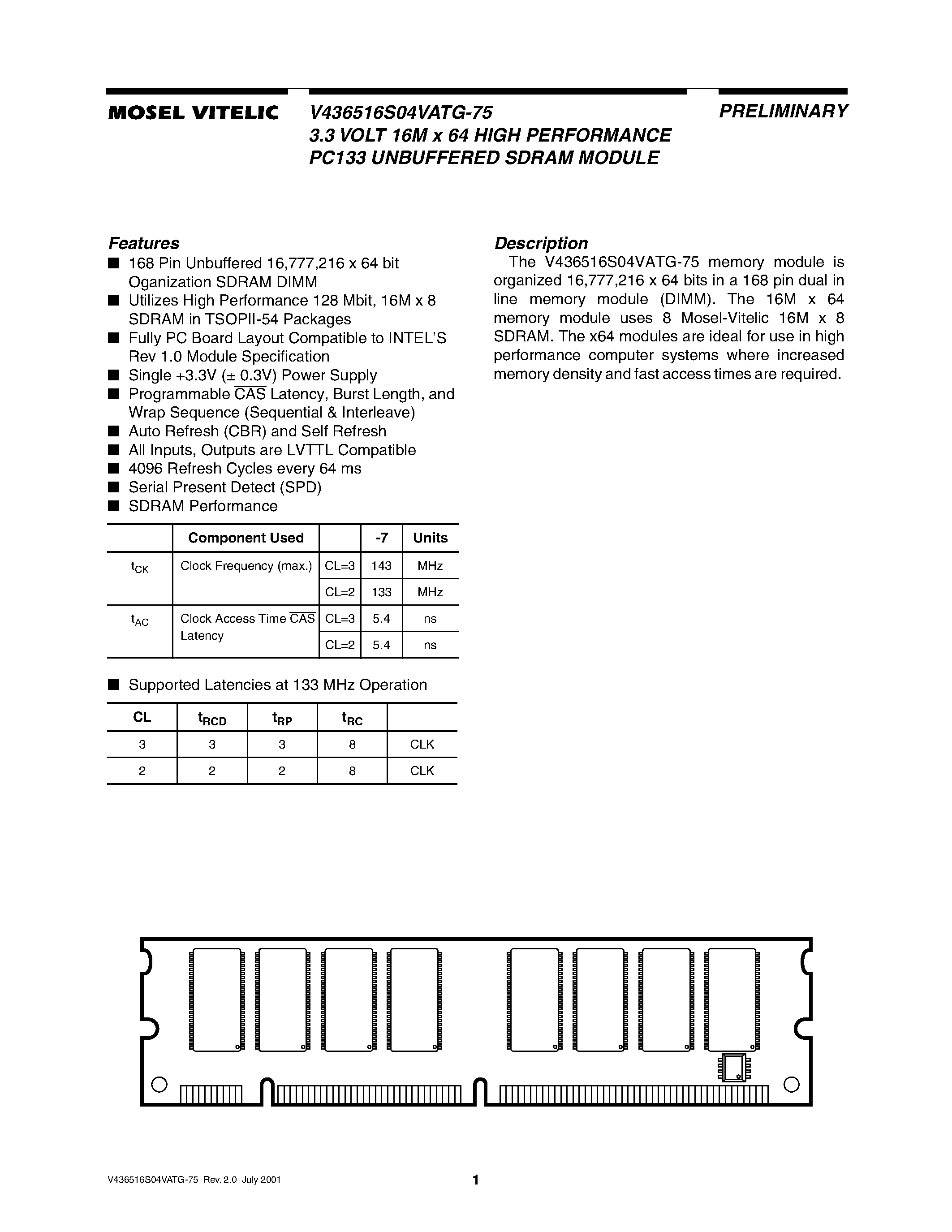 Даташит на микросхему V436516S04VATG-75 страница 1 Даташит V436516S04VATG-75 - 3.3 VOLT 16M x 64 HIGH PERFORMANCE PC133 UNBUFFERED SDRAM MODULE страница 1