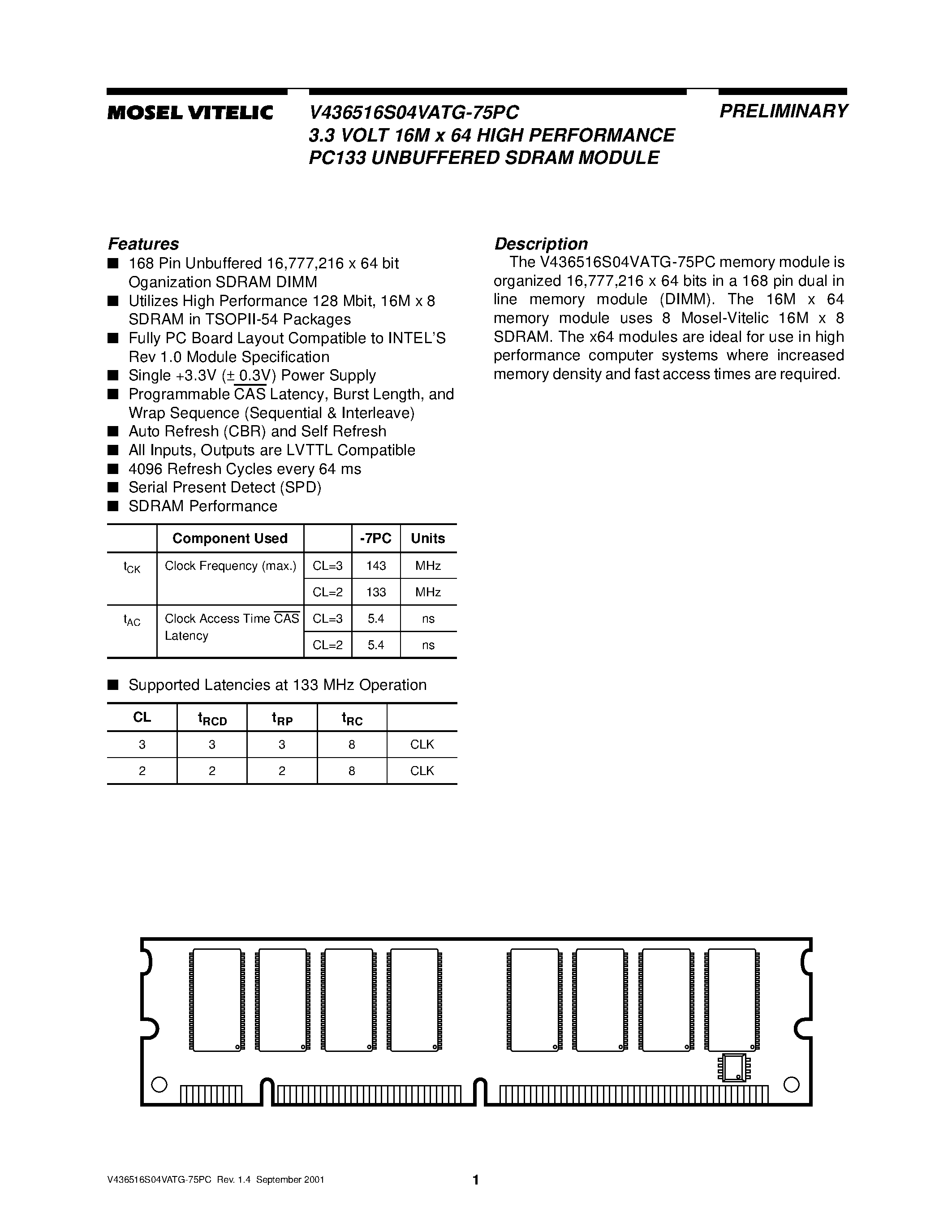 Даташит на микросхему V436516S04VATG-75PC страница 1 Даташит V436516S04VATG-75PC - 3.3 VOLT 16M x 64 HIGH PERFORMANCE PC133 UNBUFFERED SDRAM MODULE страница 1