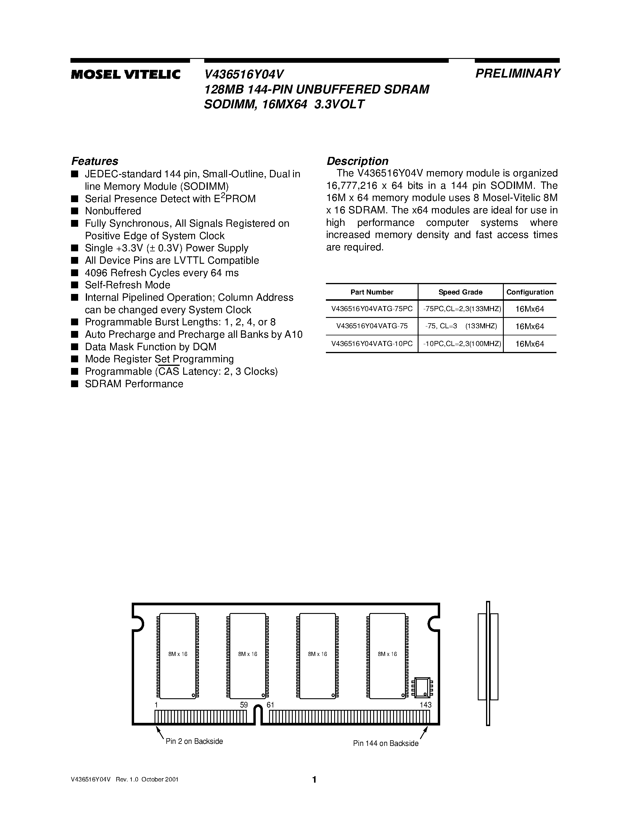 Datasheet V436516Y04VATG-10PC - 128MB 144-PIN UNBUFFERED SDRAM SODIMM/ 16MX64 3.3VOLT page 1