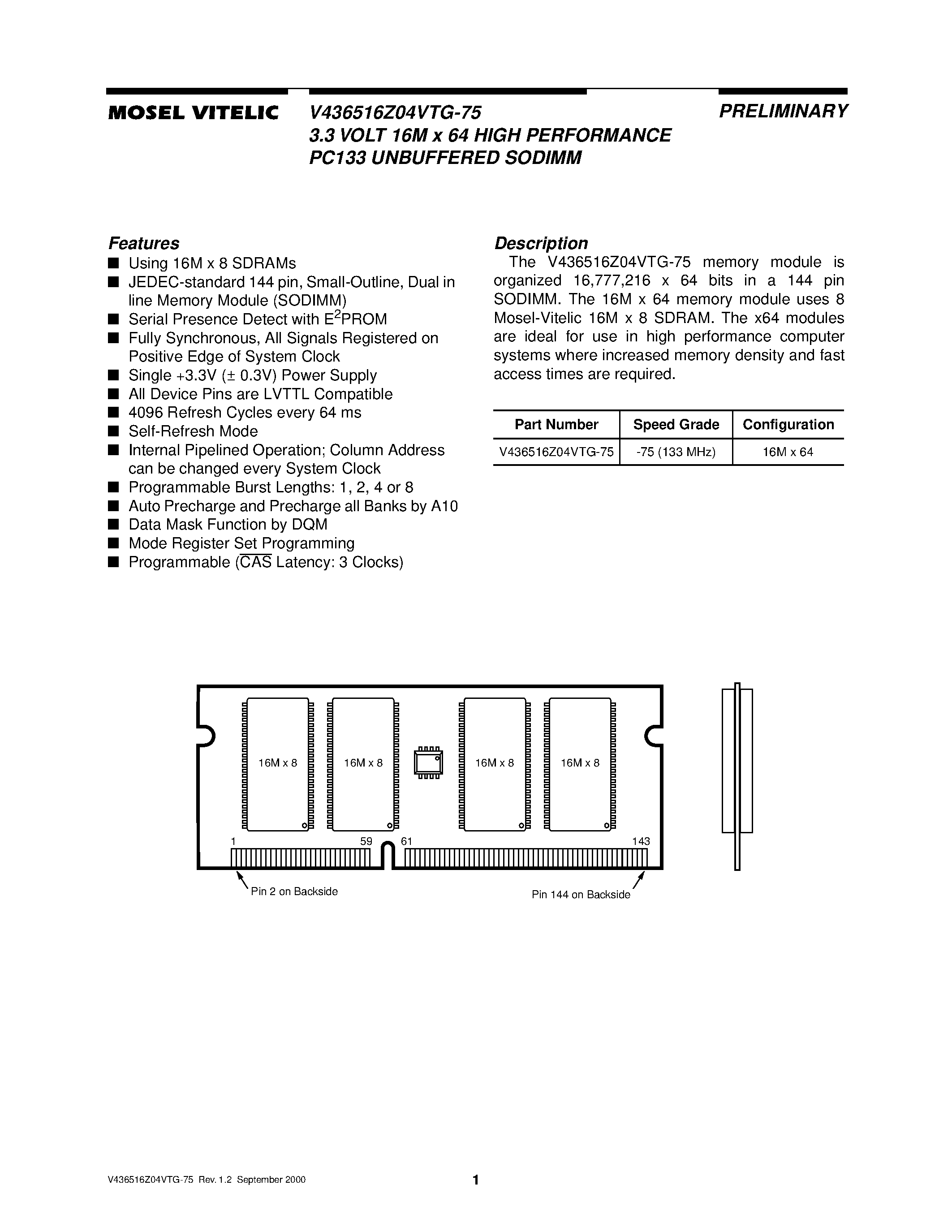 Даташит V436516Z04VTG-75 - 3.3 VOLT 16M x 64 HIGH PERFORMANCE PC133 UNBUFFERED SODIMM страница 1
