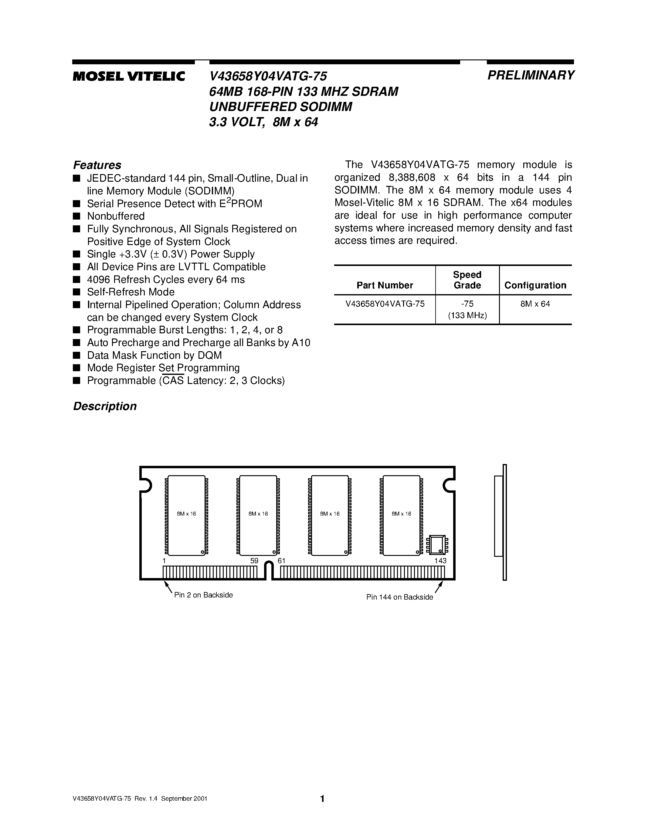 Даташит V43658Y04VATG-75 - 64MB 168-PIN 133 MHZ SDRAM UNBUFFERED SODIMM 3.3 VOLT/ 8M x 64 страница 1