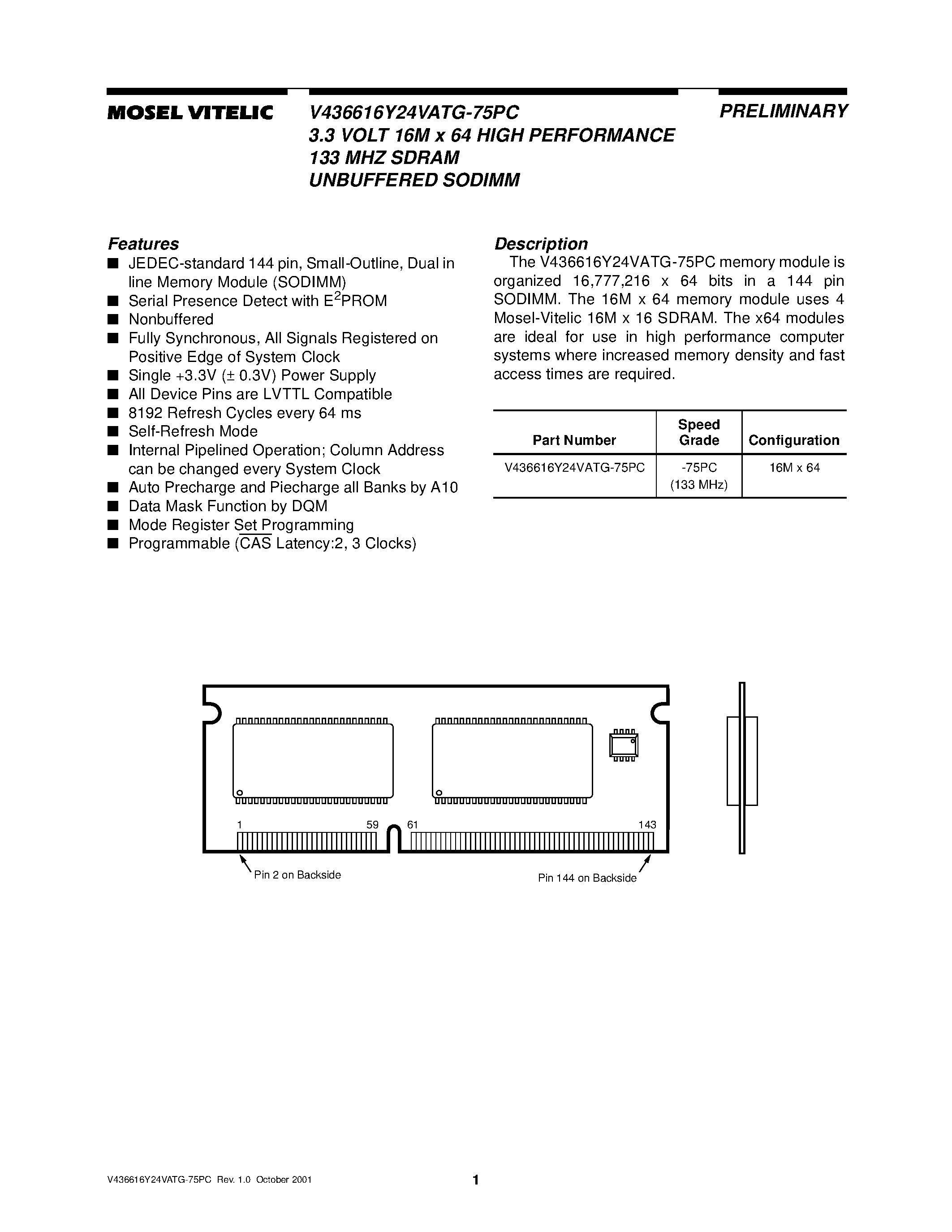 Datasheet V436616Y24VATG-75PC - 3.3 VOLT 16M x 64 HIGH PERFORMANCE 133 MHZ SDRAM UNBUFFERED SODIMM page 1
