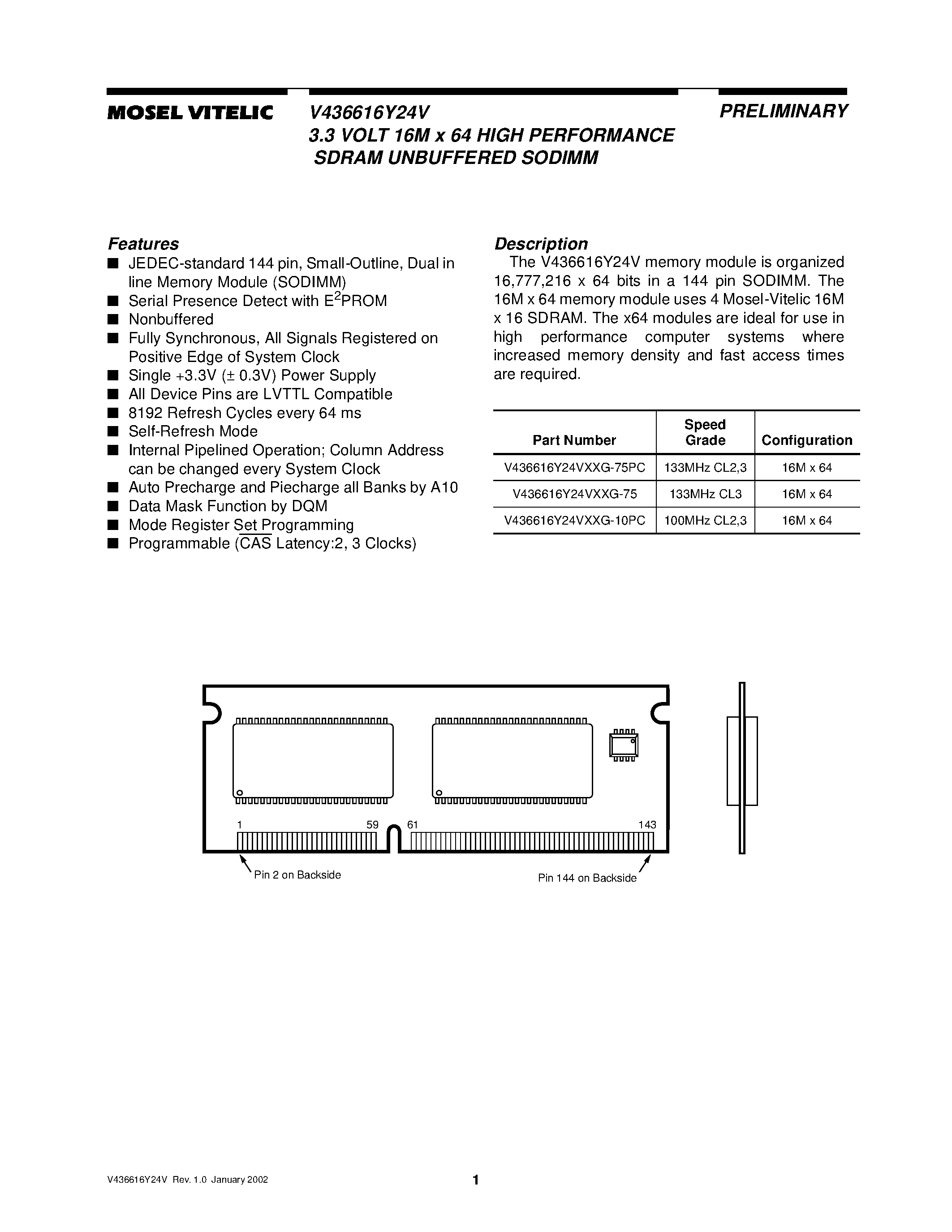Даташит V436616Y24VXXG-75 - 3.3 VOLT 16M x 64 HIGH PERFORMANCE SDRAM UNBUFFERED SODIMM страница 1