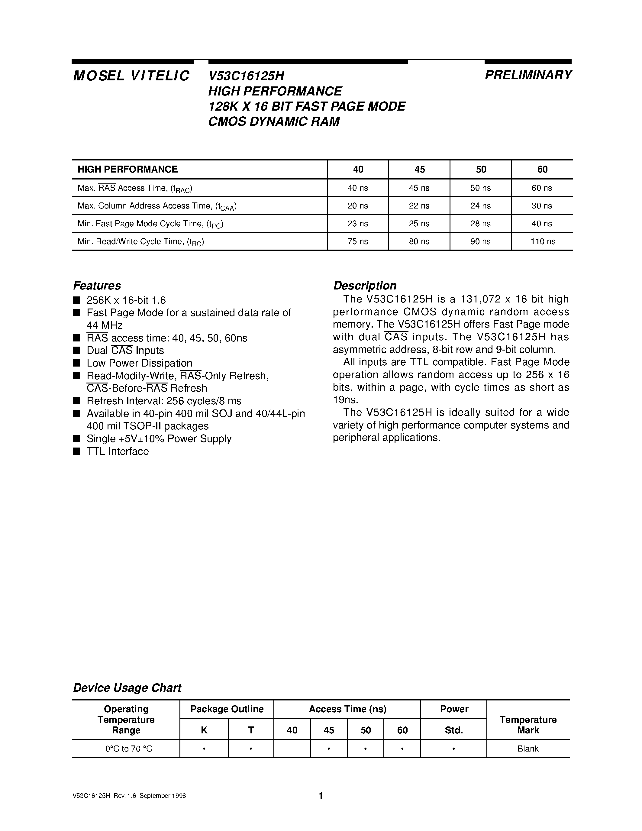 Даташит V53C16125H - HIGH PERFORMANCE 128K X 16 BIT FAST PAGE MODE CMOS DYNAMIC RAM страница 1
