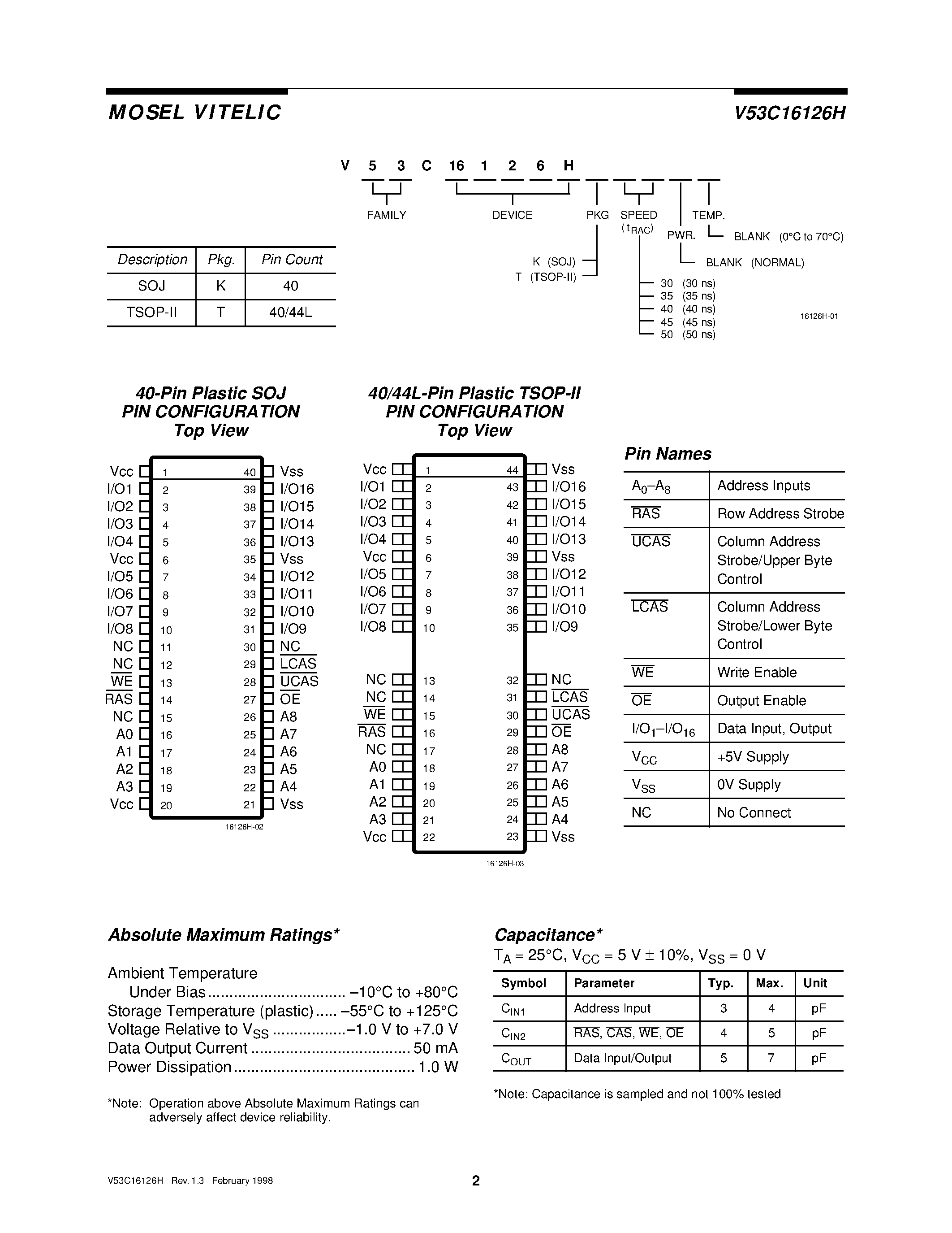 Даташит V53C16126H - HIGH PERFORMANCE 128K X 16 BIT FAST PAGE MODE CMOS DYNAMIC RAM страница 2