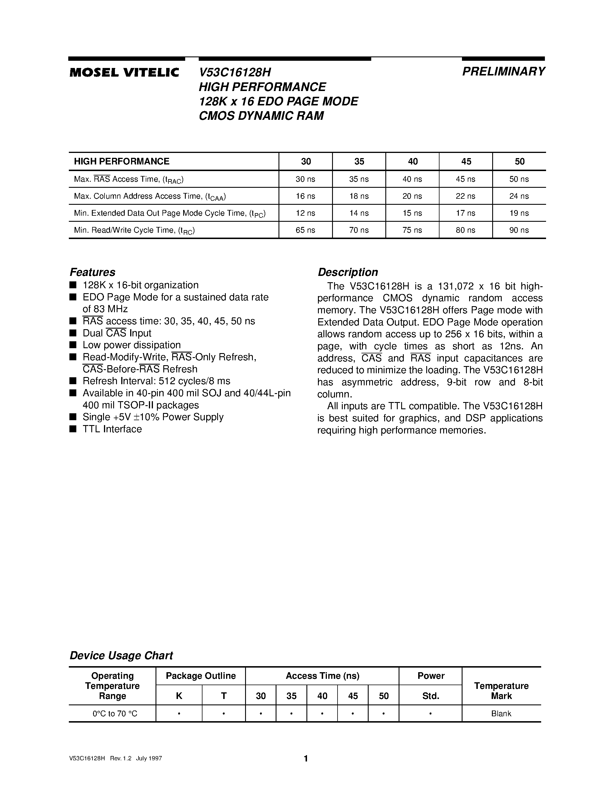 Даташит V53C16128H - HIGH PERFORMANCE 128K X 16 BIT FAST PAGE MODE CMOS DYNAMIC RAM страница 1