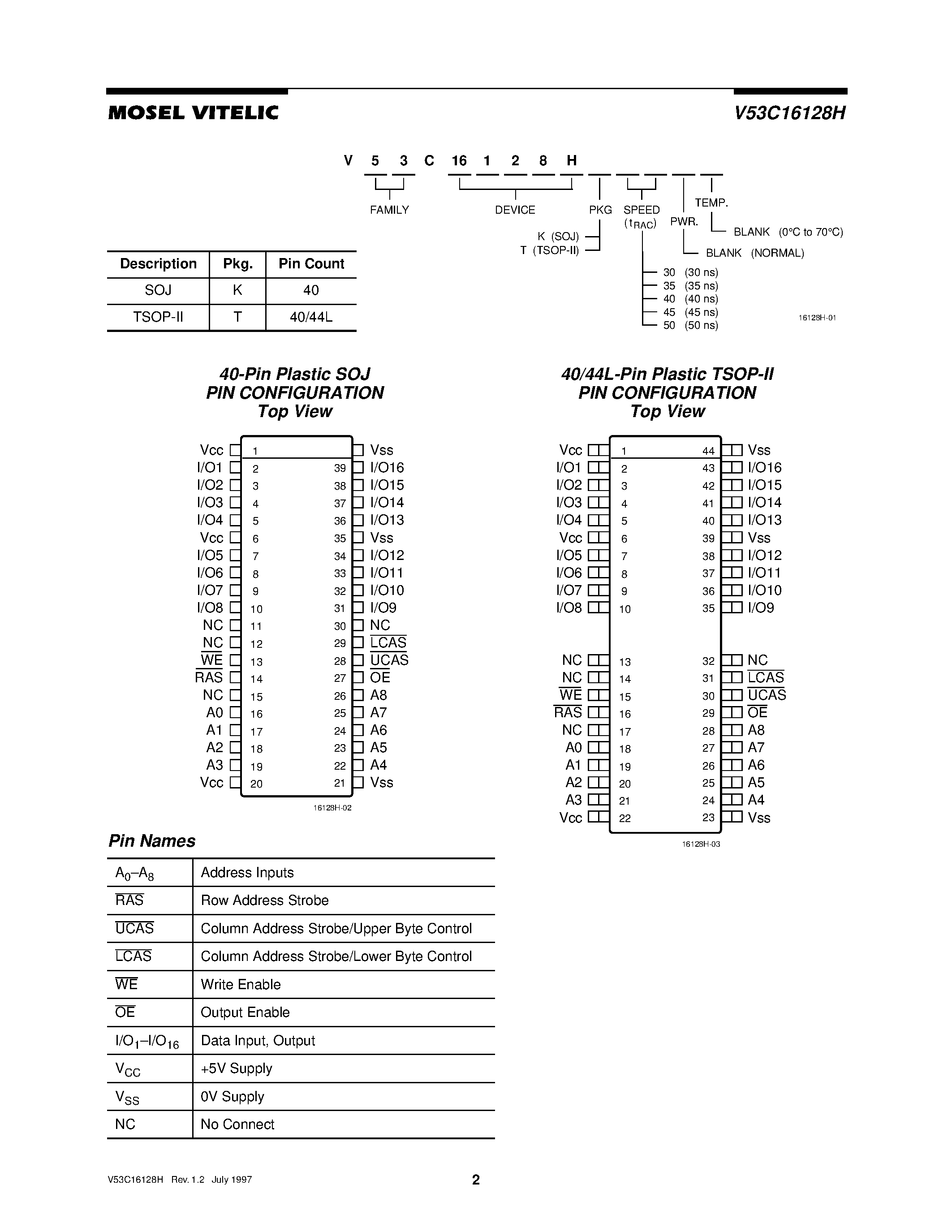 Даташит V53C16128H - HIGH PERFORMANCE 128K X 16 BIT FAST PAGE MODE CMOS DYNAMIC RAM страница 2