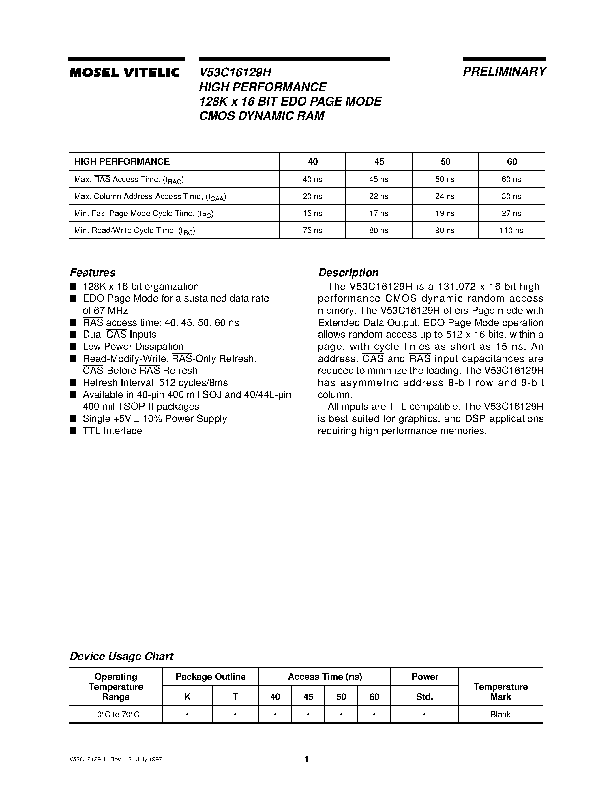 Даташит V53C16129H - HIGH PERFORMANCE 128K X 16 BIT FAST PAGE MODE CMOS DYNAMIC RAM страница 1
