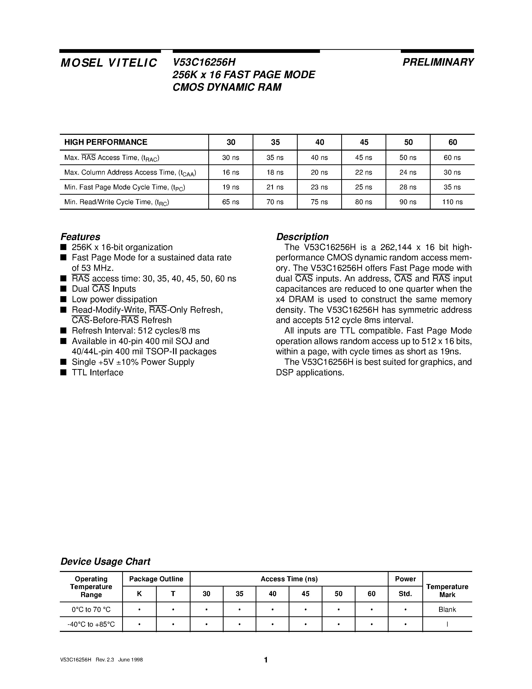 Даташит V53C16256H - 256K x 16 FAST PAGE MODE CMOS DYNAMIC RAM страница 1