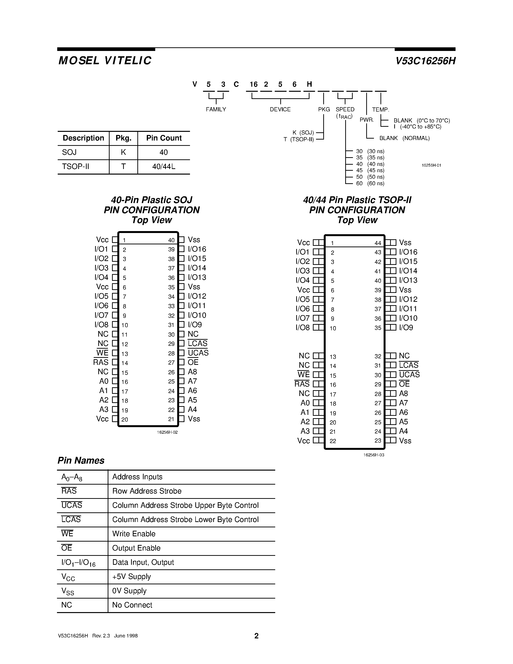 Даташит V53C16256H - 256K x 16 FAST PAGE MODE CMOS DYNAMIC RAM страница 2