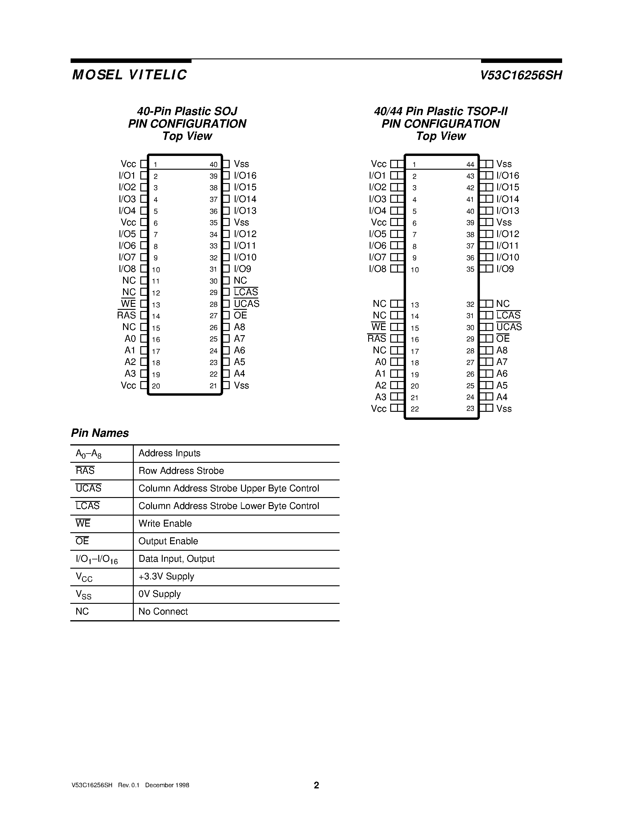 Даташит V53C16256SH - 256K X 16 FAST PAGE MODE CMOS DYNAMIC RAM WITH SELF REFRESH страница 2