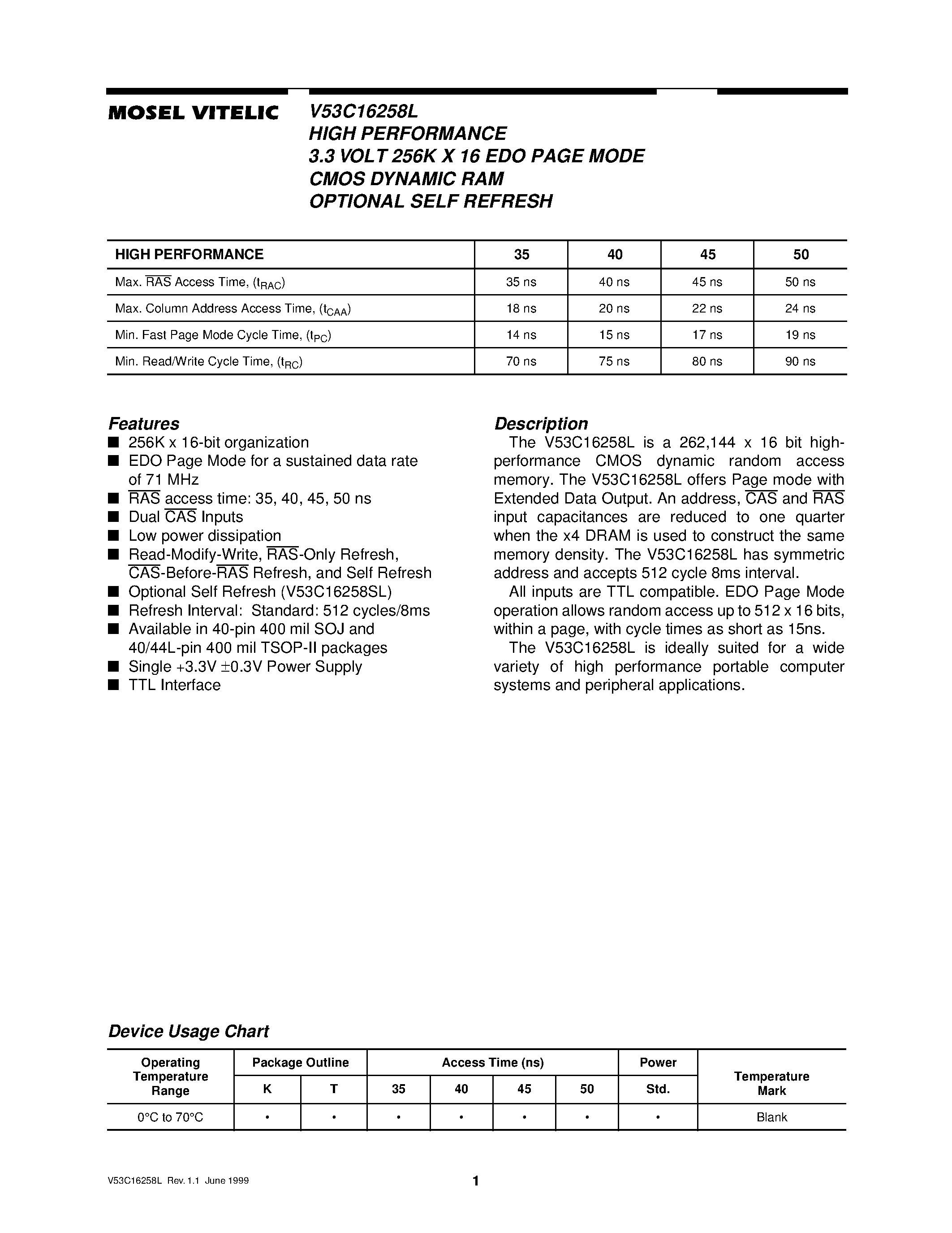 Даташит V53C16258L - HIGH PERFORMANCE 3.3 VOLT 256K X 16 EDO PAGE MODE CMOS DYNAMIC RAM OPTIONAL SELF REFRESH страница 1