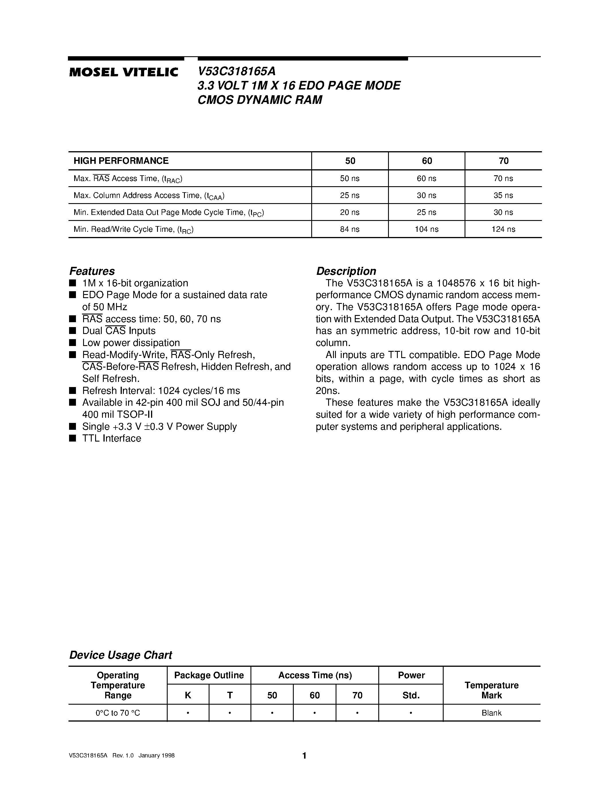 Datasheet V53C318165A - 3.3 VOLT 1M X 16 EDO PAGE MODE CMOS DYNAMIC RAM page 1