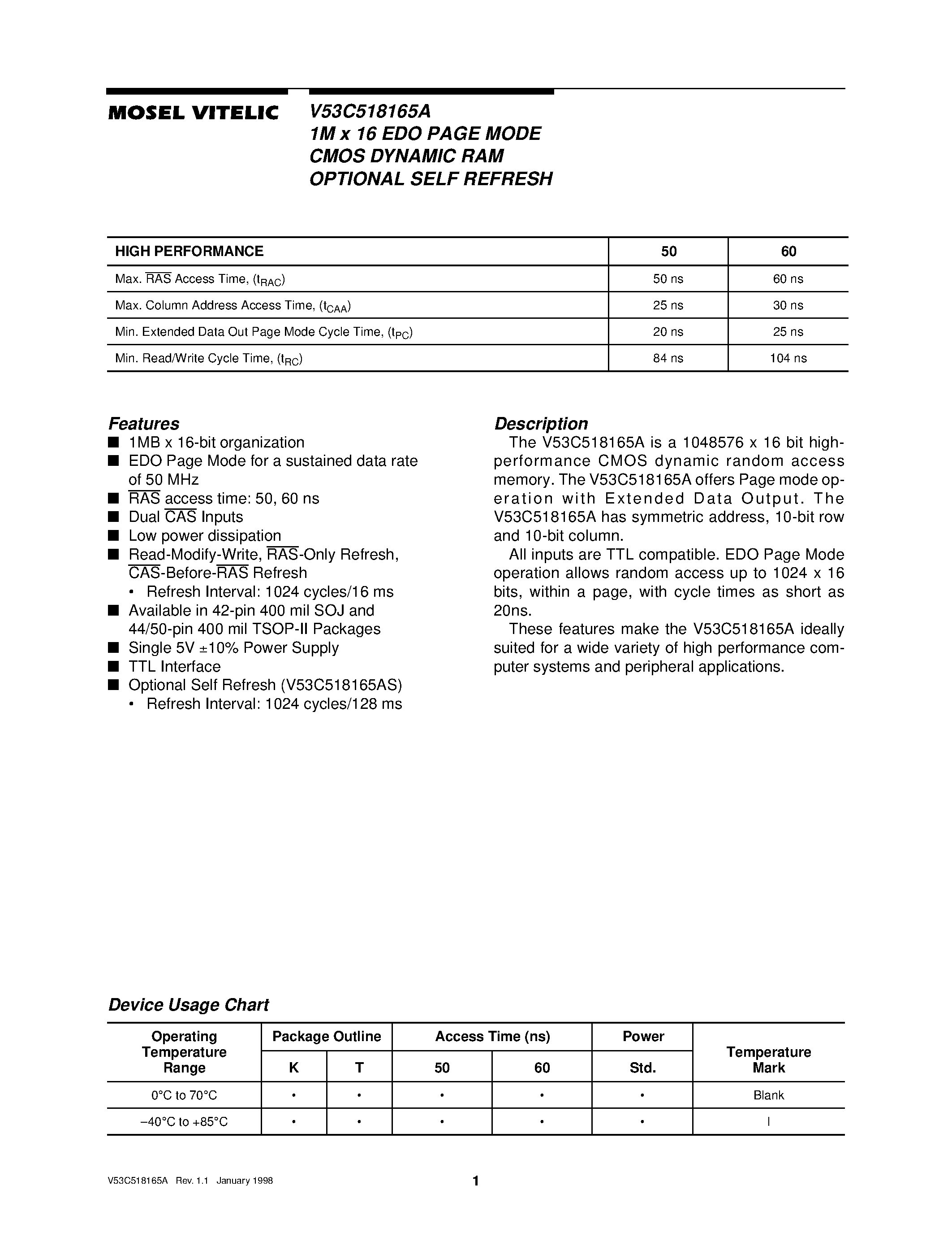 Даташит V53C518165A50 - 1M x 16 EDO PAGE MODE CMOS DYNAMIC RAM OPTIONAL SELF REFRESH страница 1