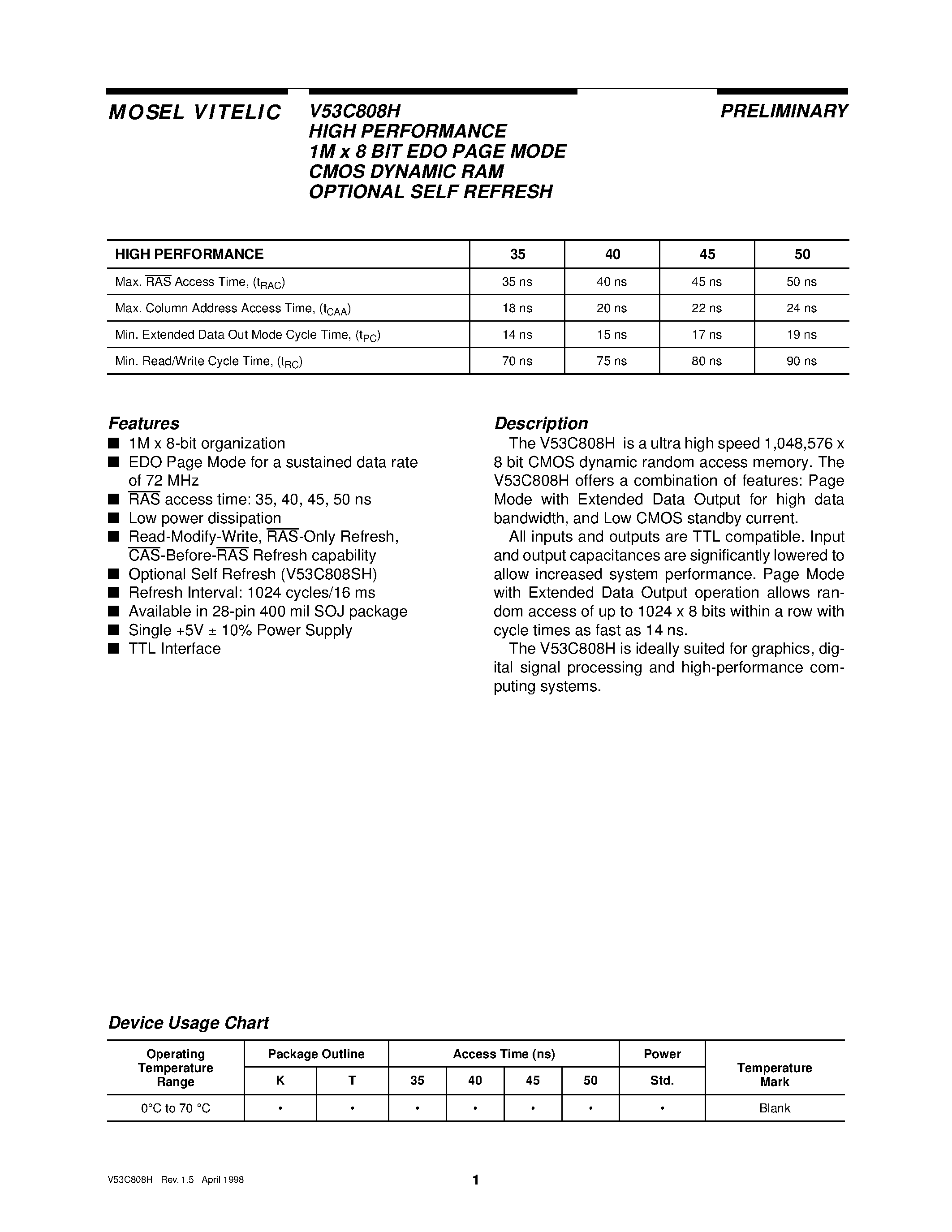 Datasheet V53C808H50 - HIGH PERFORMANCE 1M x 8 BIT EDO PAGE MODE CMOS DYNAMIC RAM OPTIONAL SELF REFRESH page 1