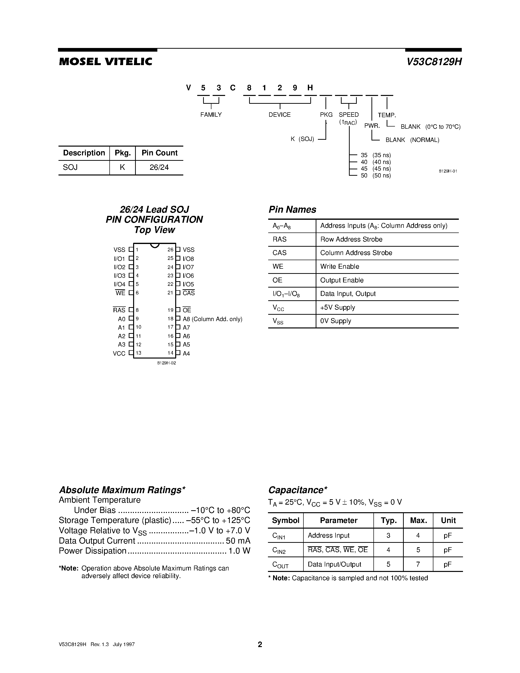 Даташит V53C8129H - ULTRA-HIGH PERFORMANCE/ 128K X 8EDO PAGE MODE CMOS DYNAMIC RAM страница 2