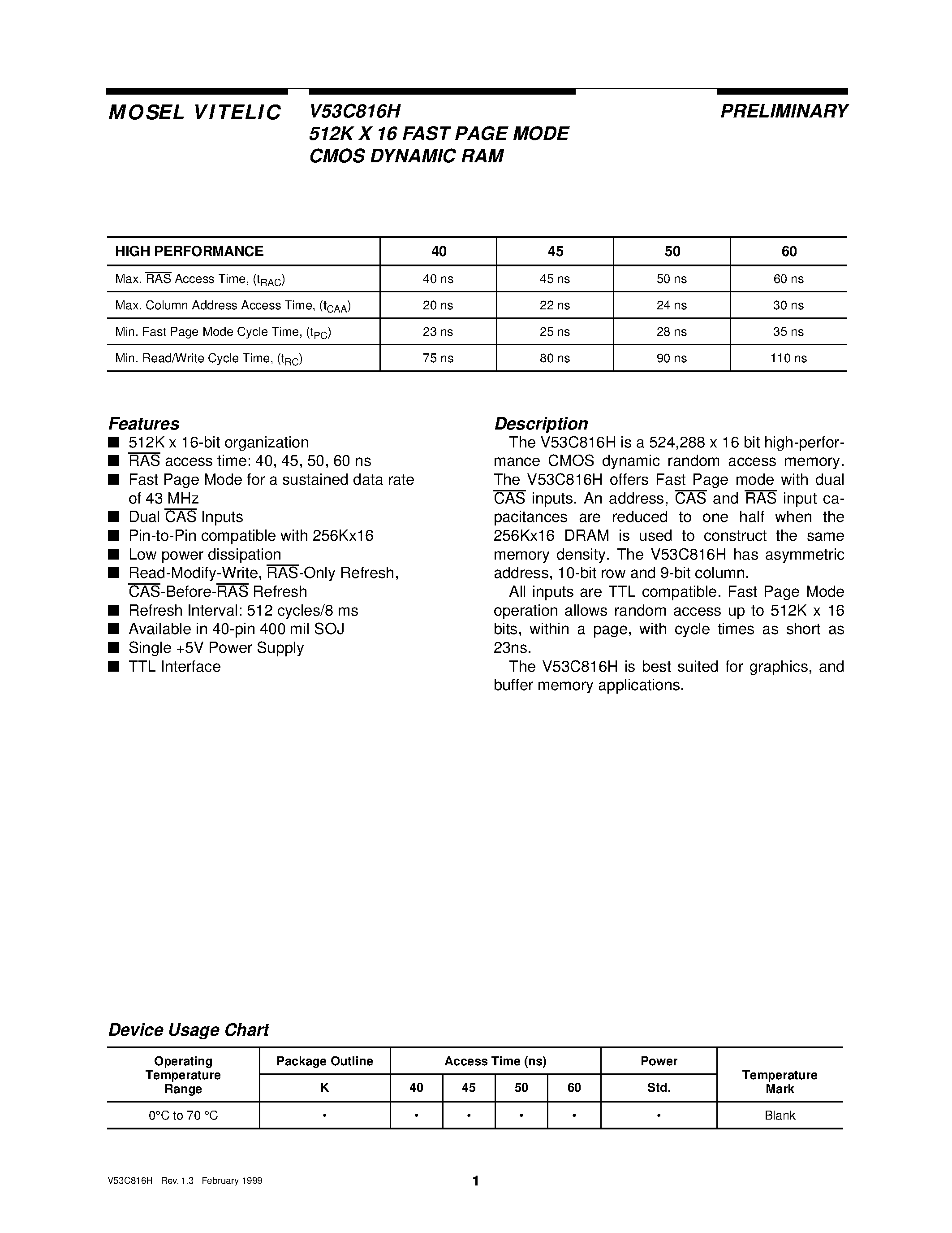 Даташит V53C816H - 512K X 16 FAST PAGE MODE CMOS DYNAMIC RAM страница 1