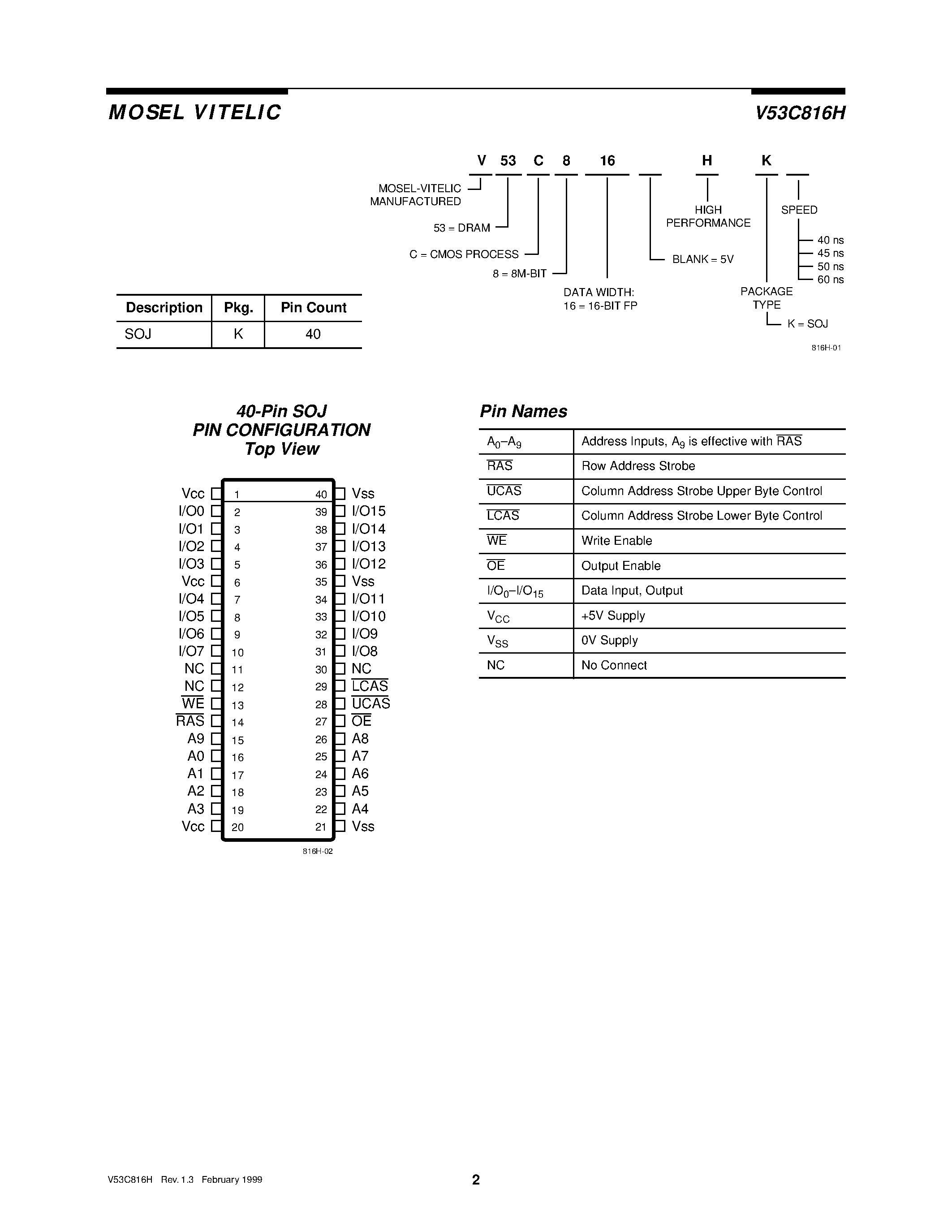 Даташит V53C816H - 512K X 16 FAST PAGE MODE CMOS DYNAMIC RAM страница 2