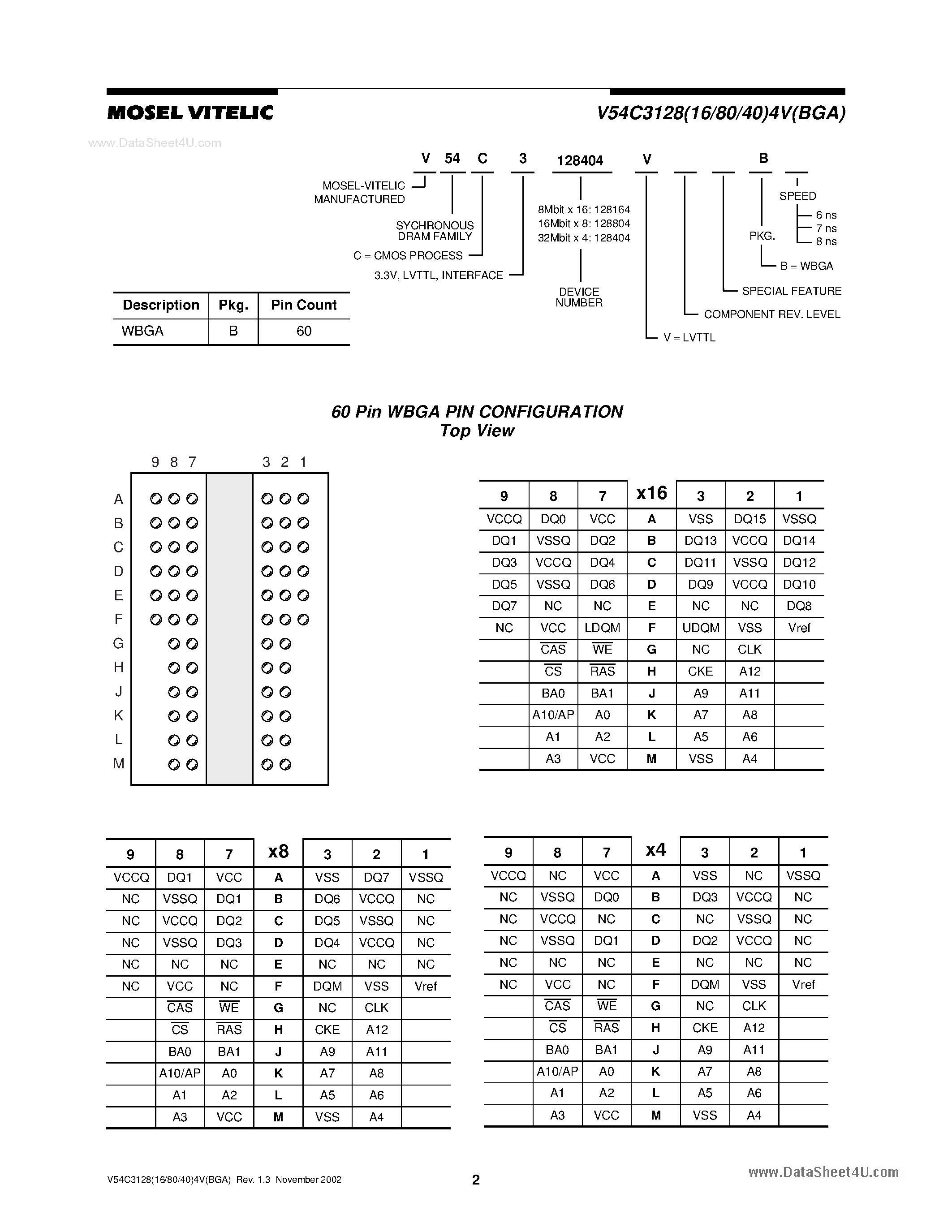 Datasheet V54C3128164VBGA - 128Mbit SDRAM 3.3 VOLT/ BGA PACKAGE page 2