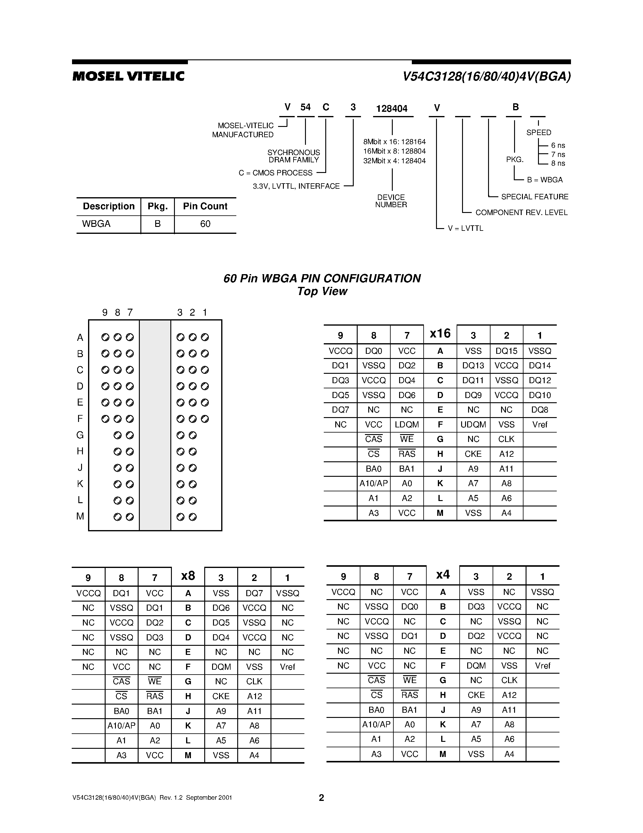 Datasheet V54C3128404VBGA - 128Mbit SDRAM 3.3 VOLT/ BGA PACKAGE page 2