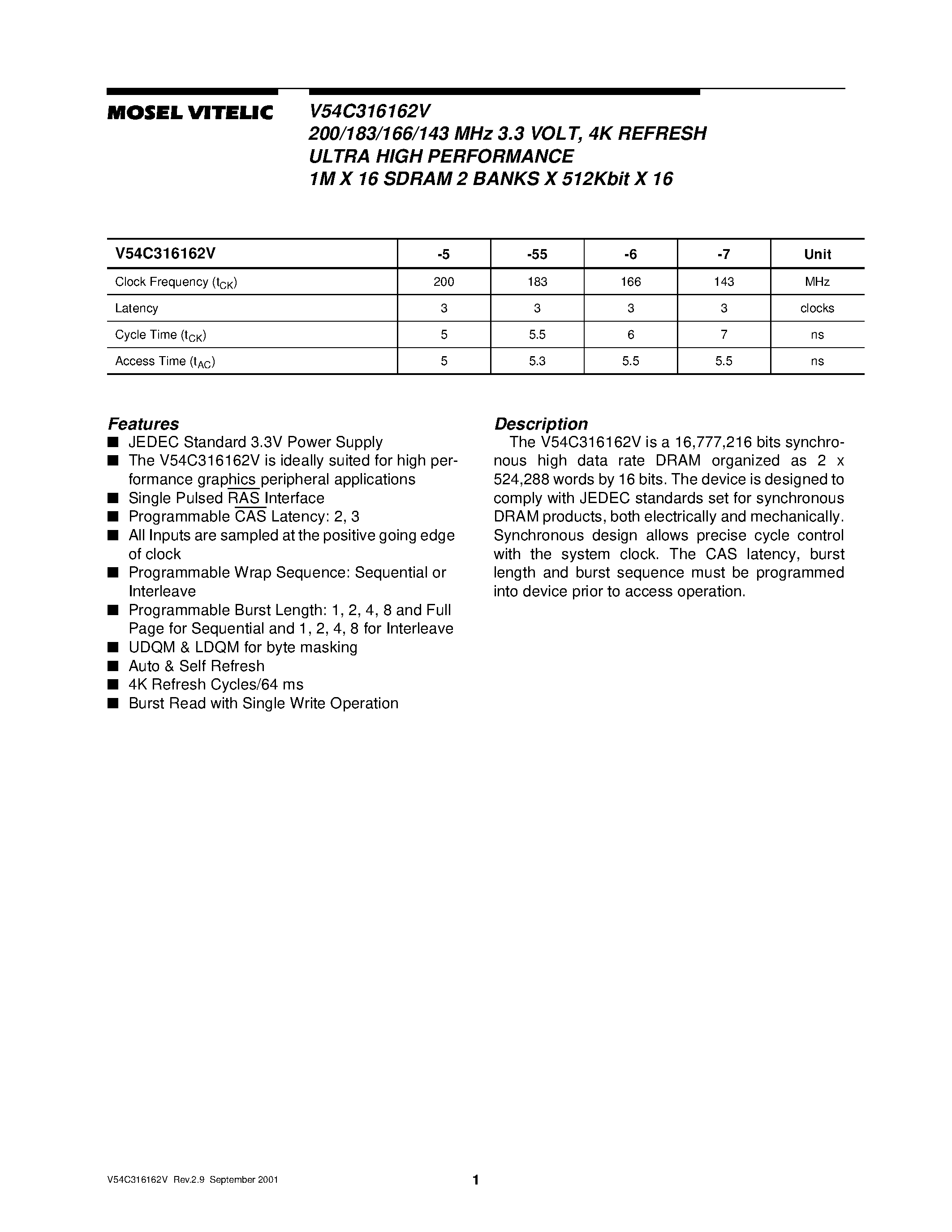 Datasheet V54C316162 page 1 Datasheet V54C316162 - 200/183/166/143 MHz 3.3 VOLT/ 4K REFRESH ULTRA HIGH PERFORMANCE 1M X 16 SDRAM 2 BANKS X 512Kbit X 16 page 1