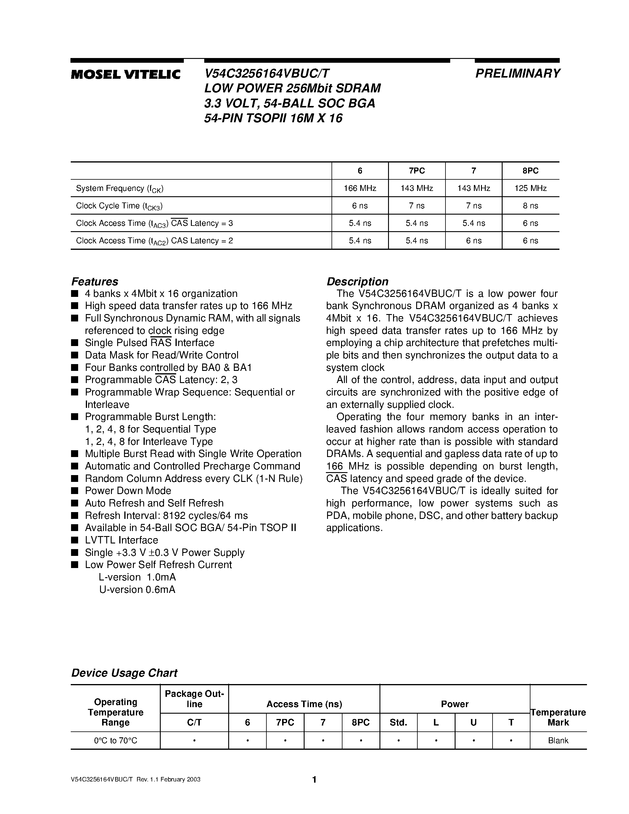 Datasheet V54C3256164VBUC - LOW POWER 256Mbit SDRAM 3.3 VOLT/ 54-BALL SOC BGA 54-PIN TSOPII 16M X 16 page 1