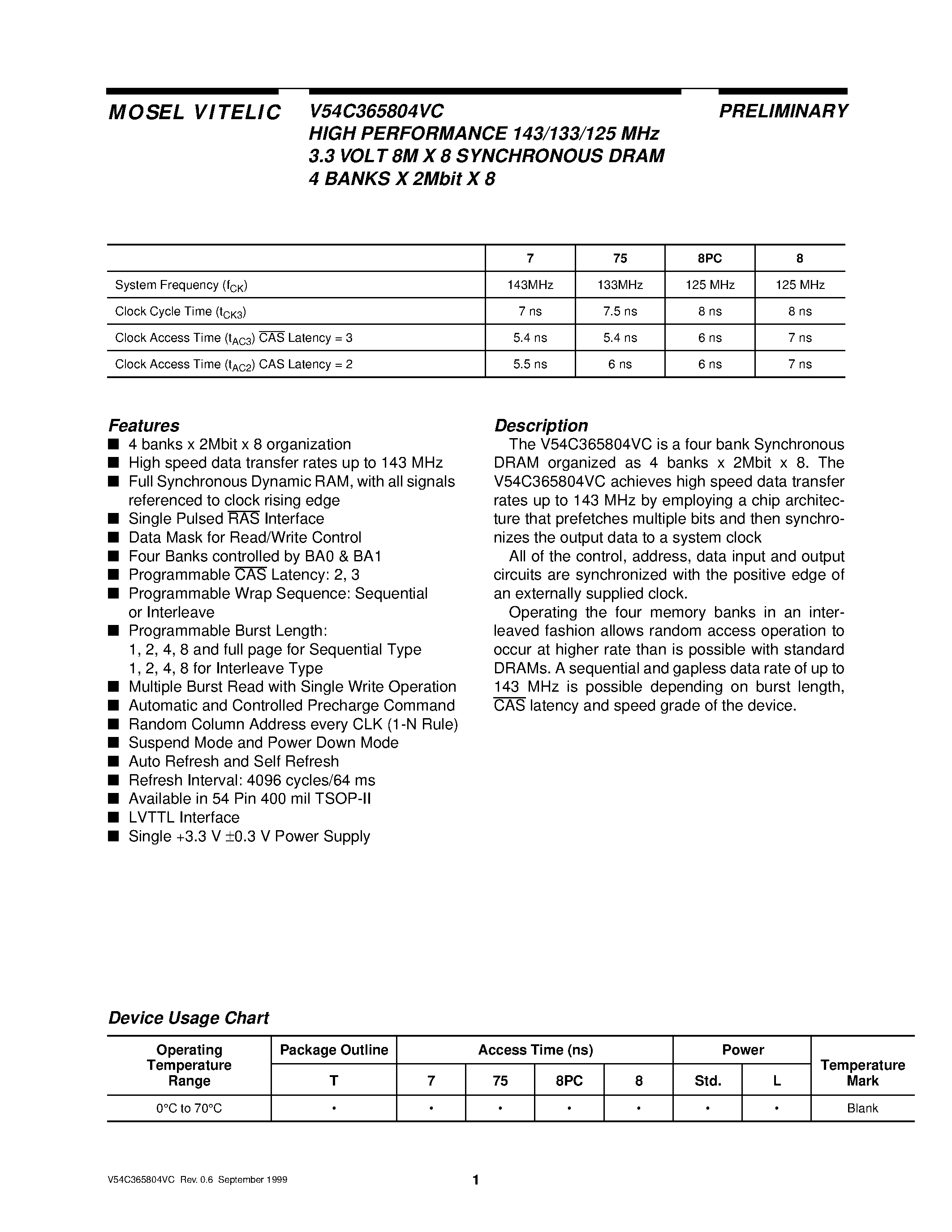 Datasheet V54C365804VC page 1 Datasheet V54C365804VC - HIGH PERFORMANCE 143/133/125 MHz 3.3 VOLT 8M X 8 SYNCHRONOUS DRAM 4 BANKS X 2Mbit X 8 page 1