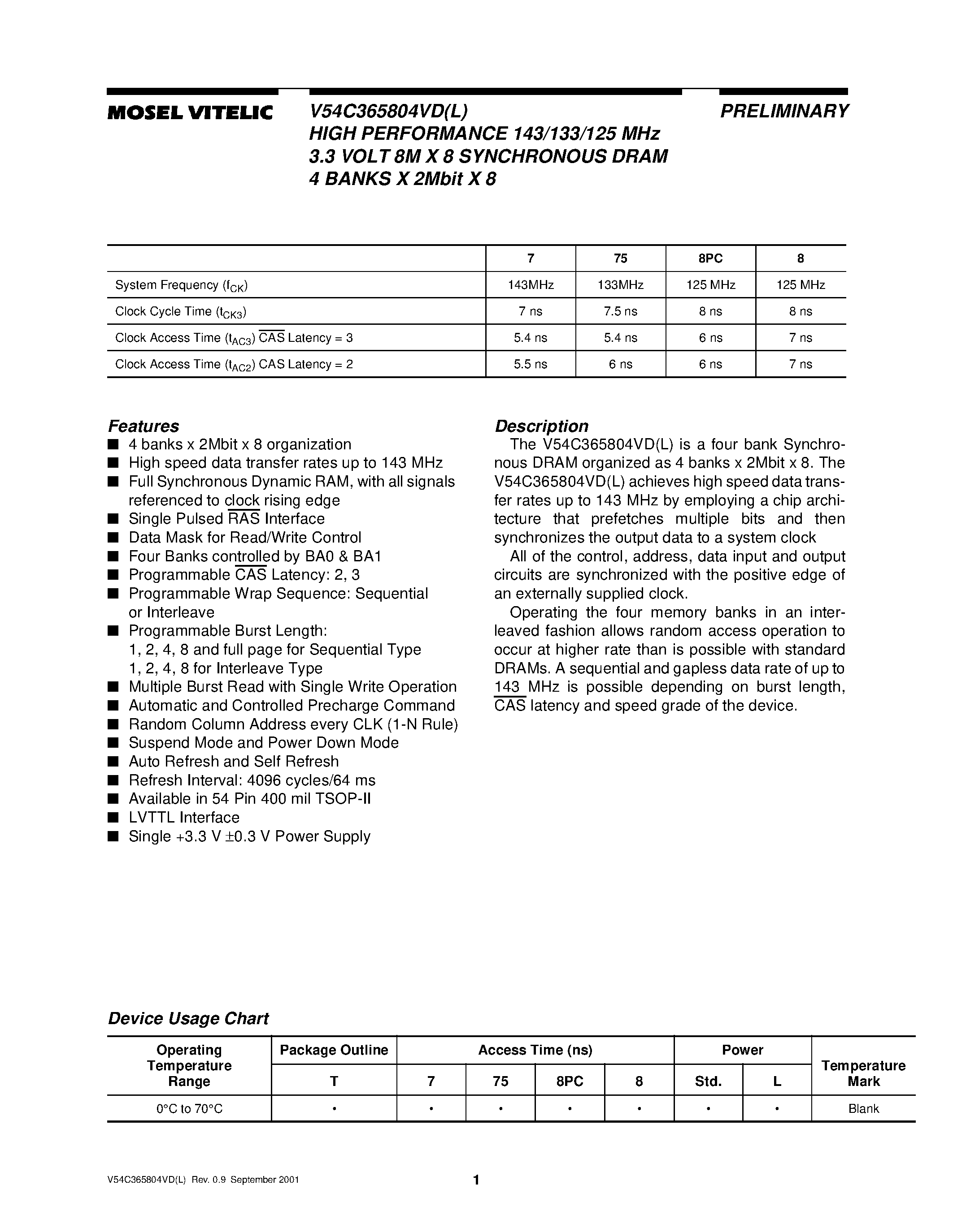 Datasheet V54C365804VD page 1 Datasheet V54C365804VD - HIGH PERFORMANCE 143/133/125 MHz 3.3 VOLT 8M X 8 SYNCHRONOUS DRAM 4 BANKS X 2Mbit X 8 page 1